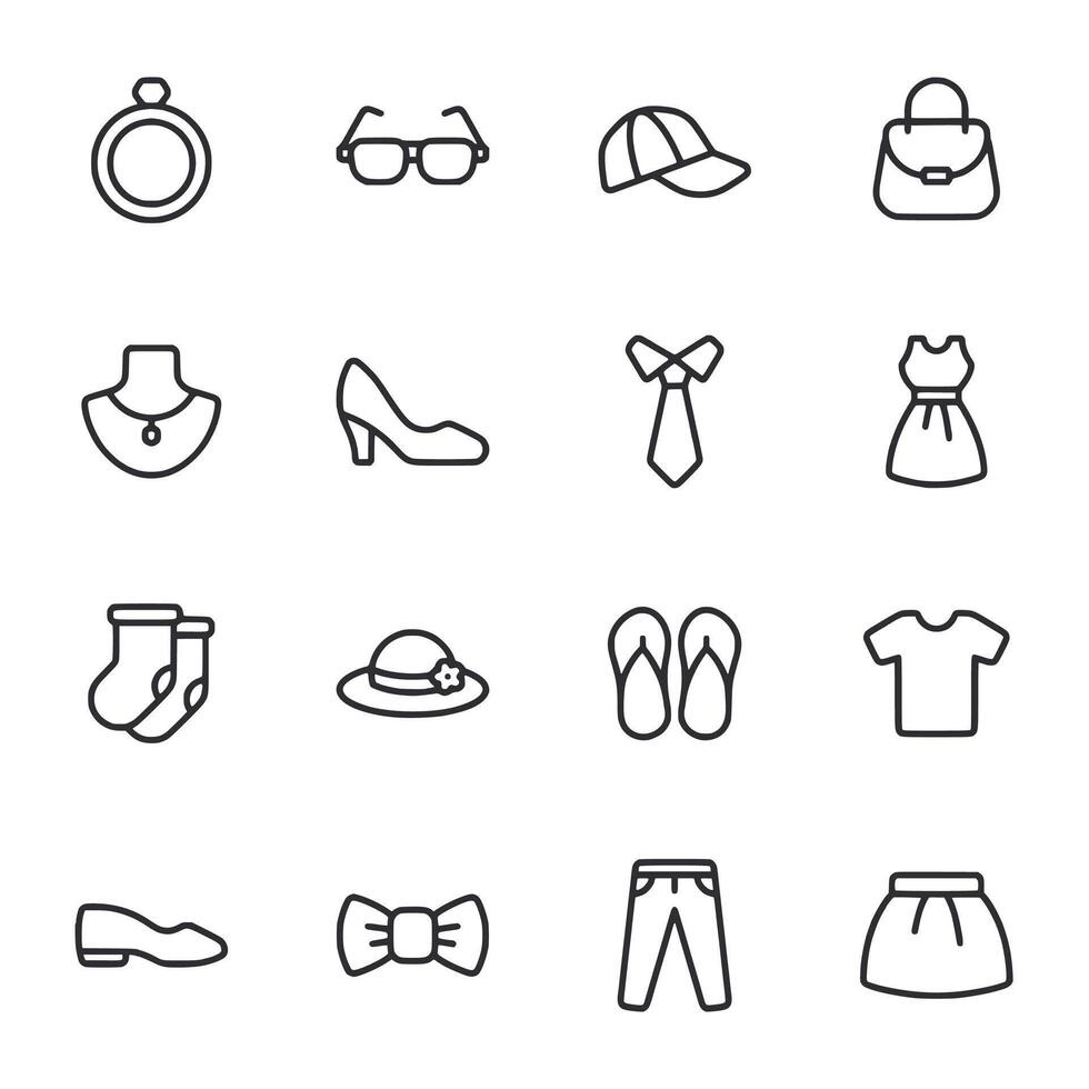 A collection of fashion icons including a tie, a hat, a dress, a pair of shoes vector