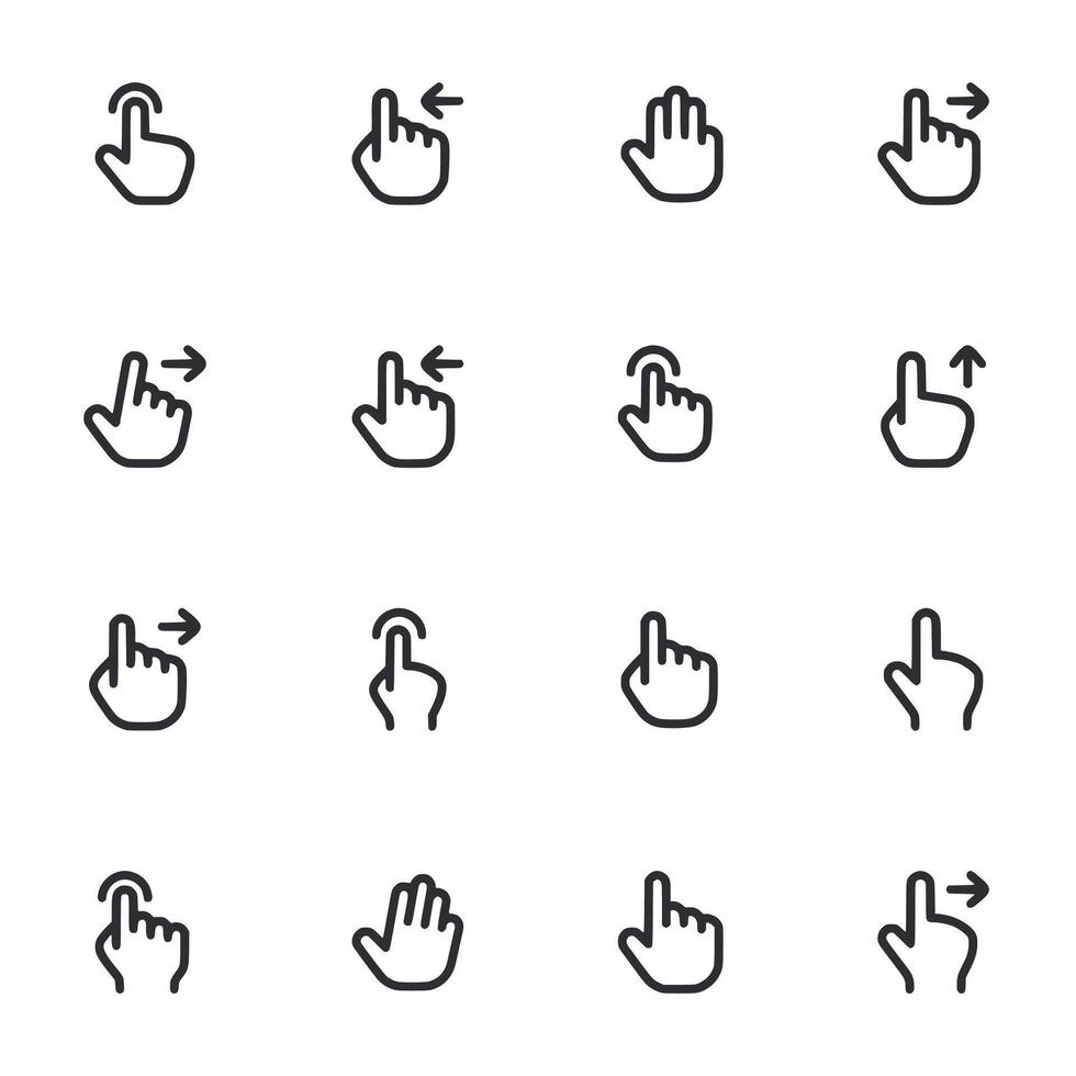 A set of black and white icons of hands with a clickable button vector