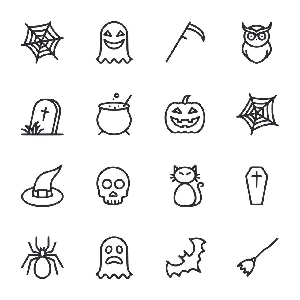 A set of Halloween icons including skulls, pumpkins, and bats vector