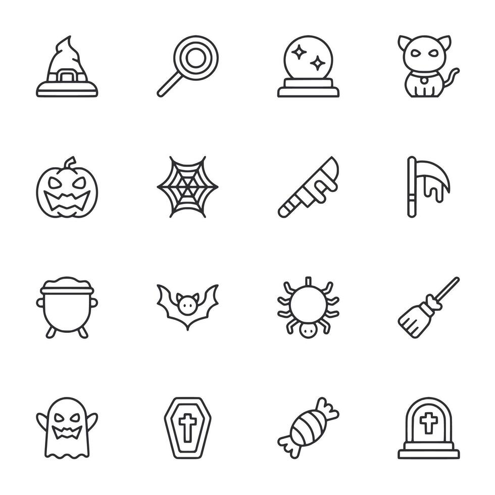 A set of Halloween icons including a pumpkin, a witch's hat, a spider web, a bat vector