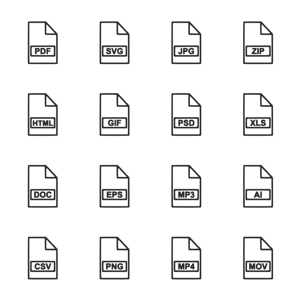 A set of white and black icons for various file types vector