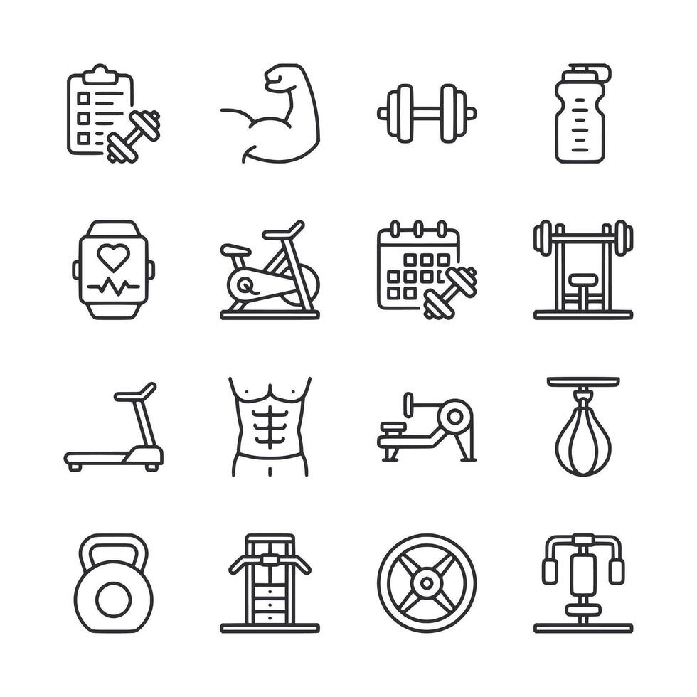 A set of fitness icons including a dumbbell, a kettlebell, a gym ball vector
