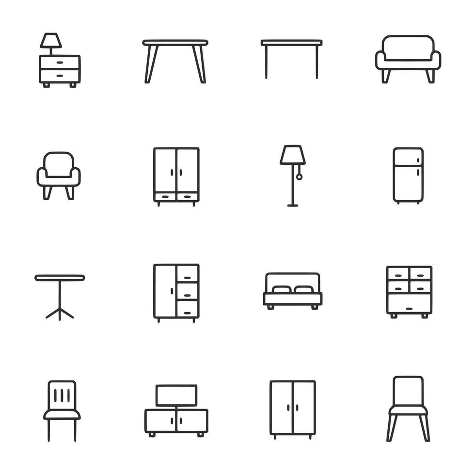 A set of furniture icons including a bed, chair, table, and lamp vector