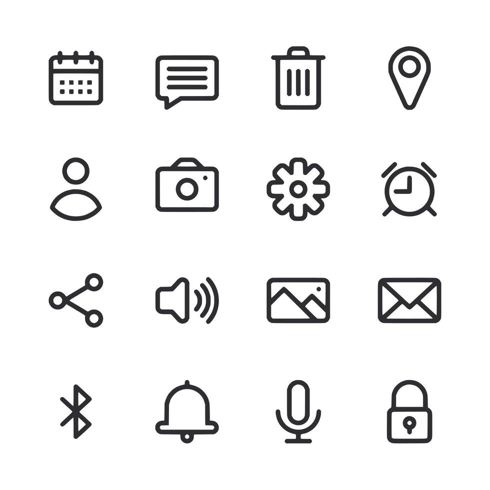 A set of icons for a calendar, camera, clock, and other items vector