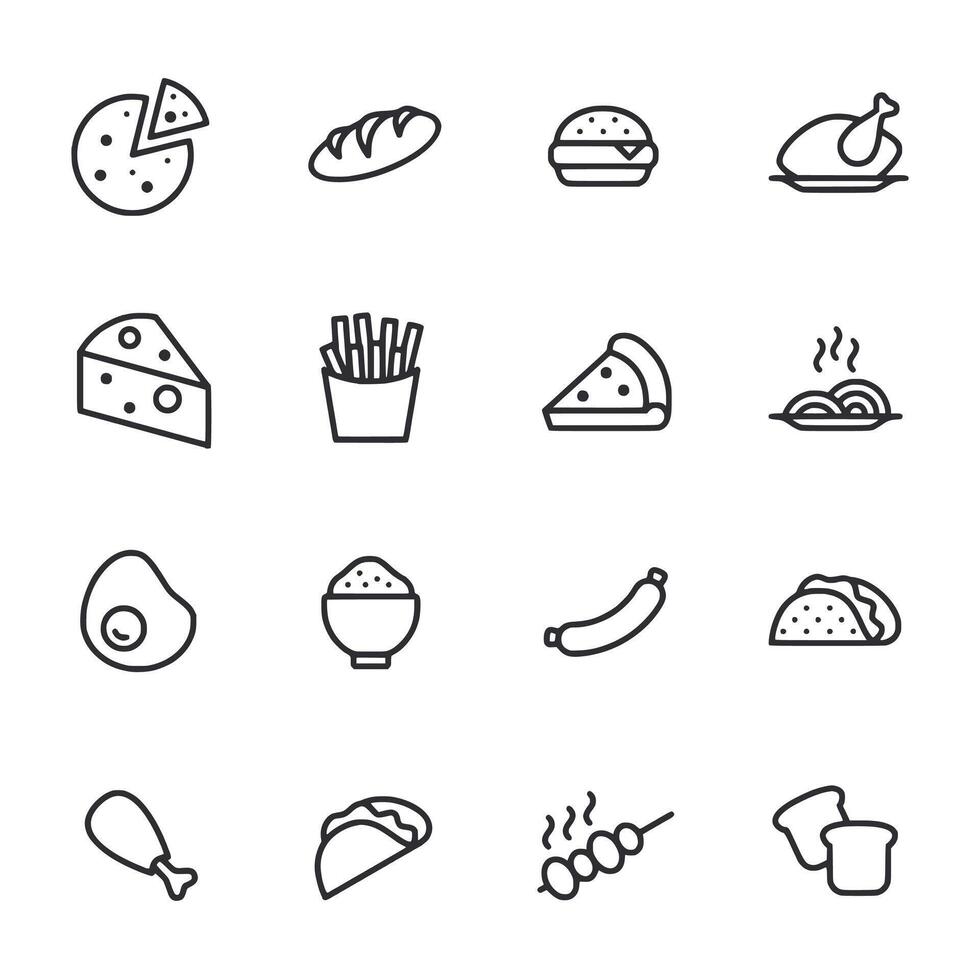 A set of food icons including pizza, bread, and chicken vector