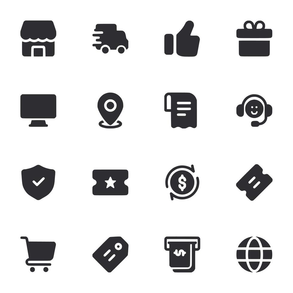 A set of icons for shopping, including a shopping cart, a store, and a receipt vector