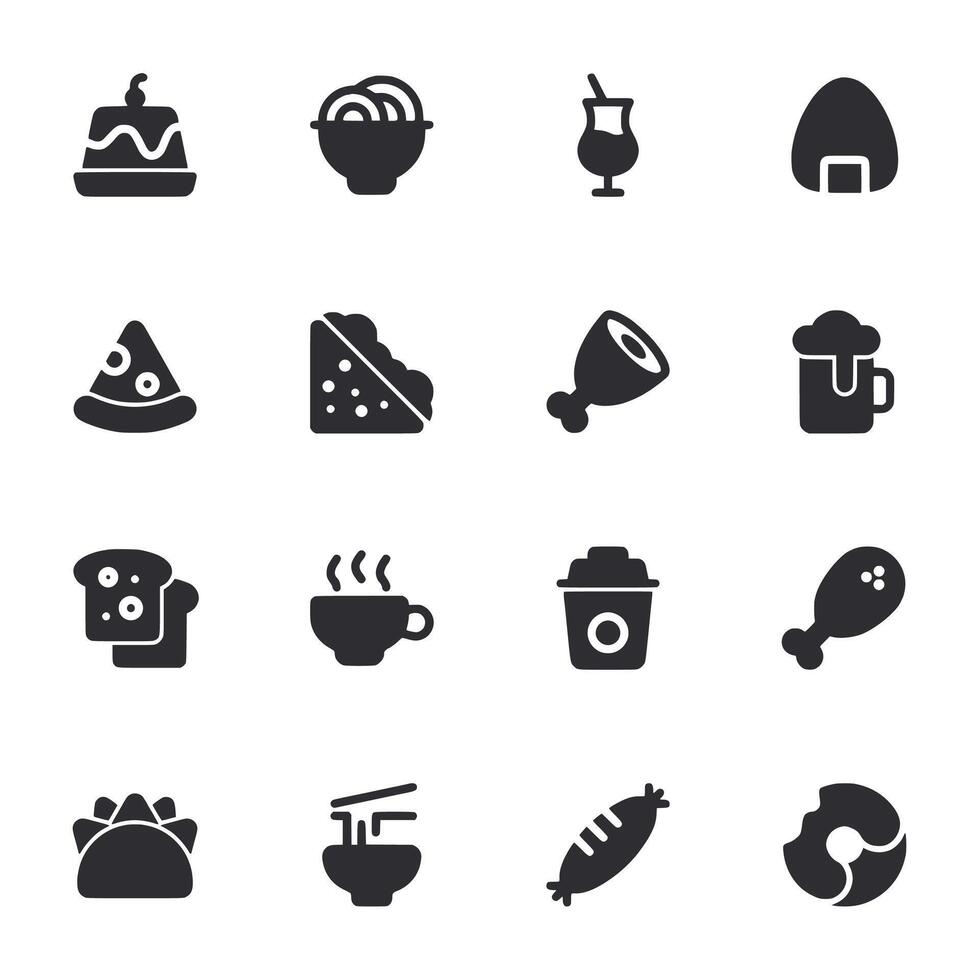 A set of food icons including pizza, bread, and a cup vector