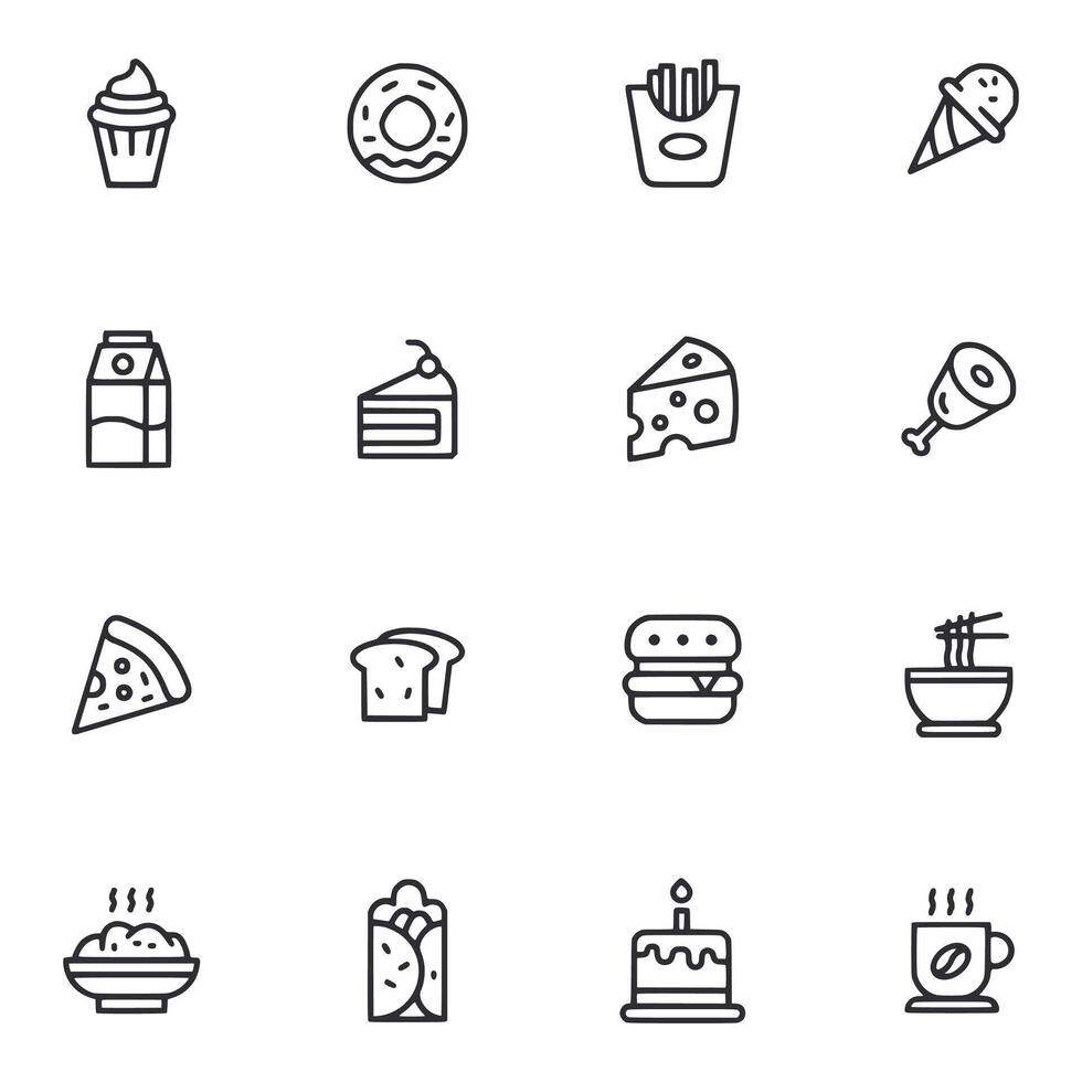 A set of food icons including pizza, donuts, sandwiches, and ice cream vector