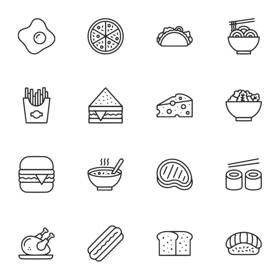 A set of food icons including a sandwich, a bowl of soup, a bowl of salad vector