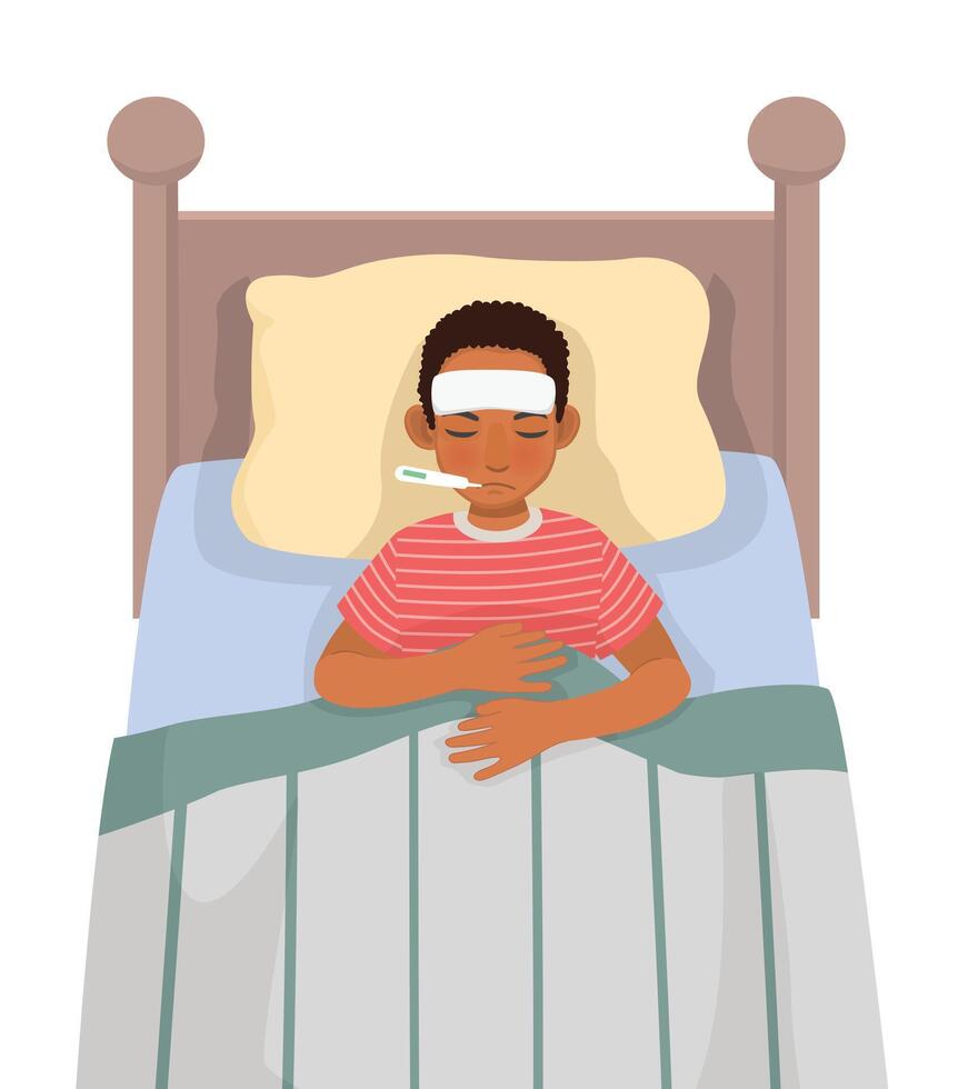 Sick young African man has high fever flu and cold lying on bed with thermometer in his mouth vector