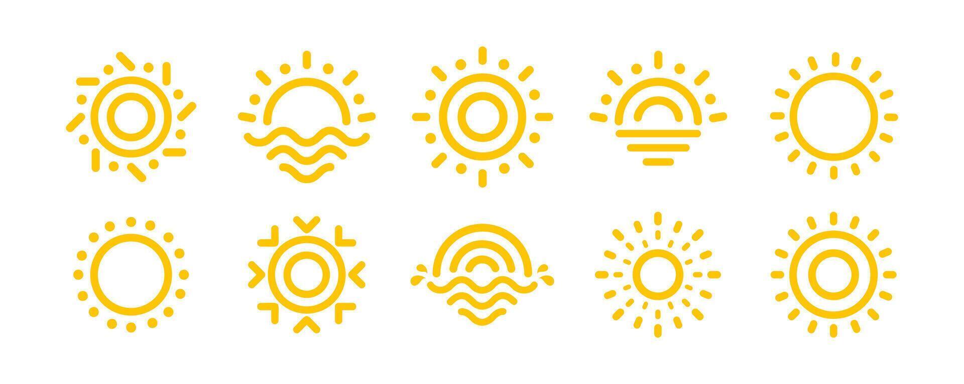 Minimal Yellow Sun Icons Set In Line Art Style, Featuring Sunrise, Sunset, And Abstract Weather Symbols On White Background. Illustration vector