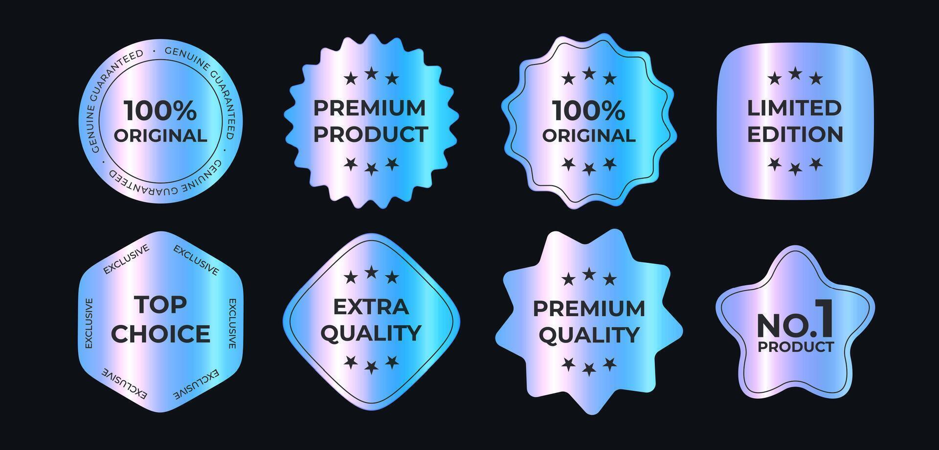 Premium Holographic Badges Set With Metallic Gradient Effect For Product Labels, Quality Guarantee, Promotion, Limited Edition And Top Choice Signs. Bright Shiny Stickers. Illustration vector