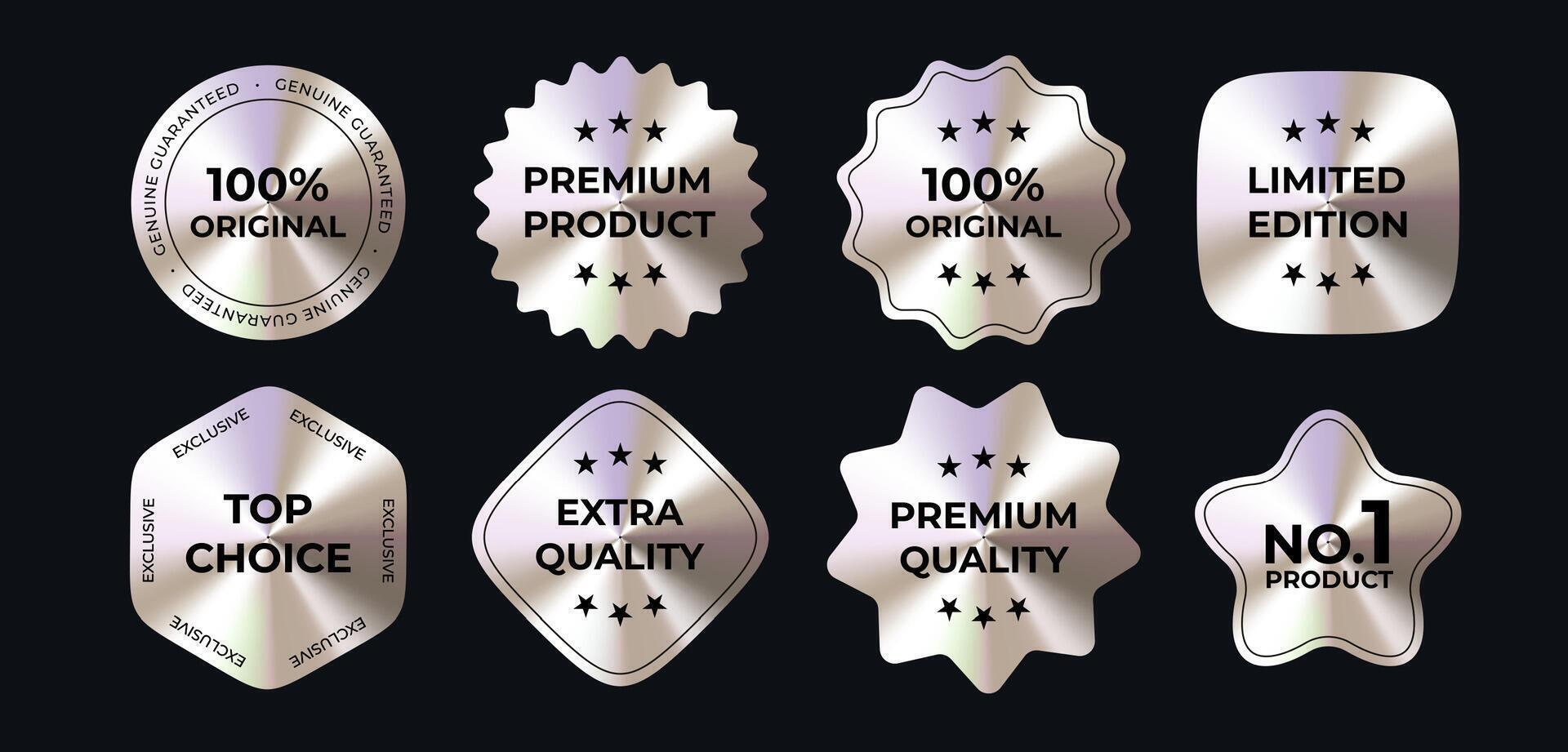 Luxury Metallic Badges Set With Premium Quality Labels On Dark Background. Glossy Chrome Stickers Collection For Branding, Product Promotion, Logo Or Packaging Design. Illustration vector