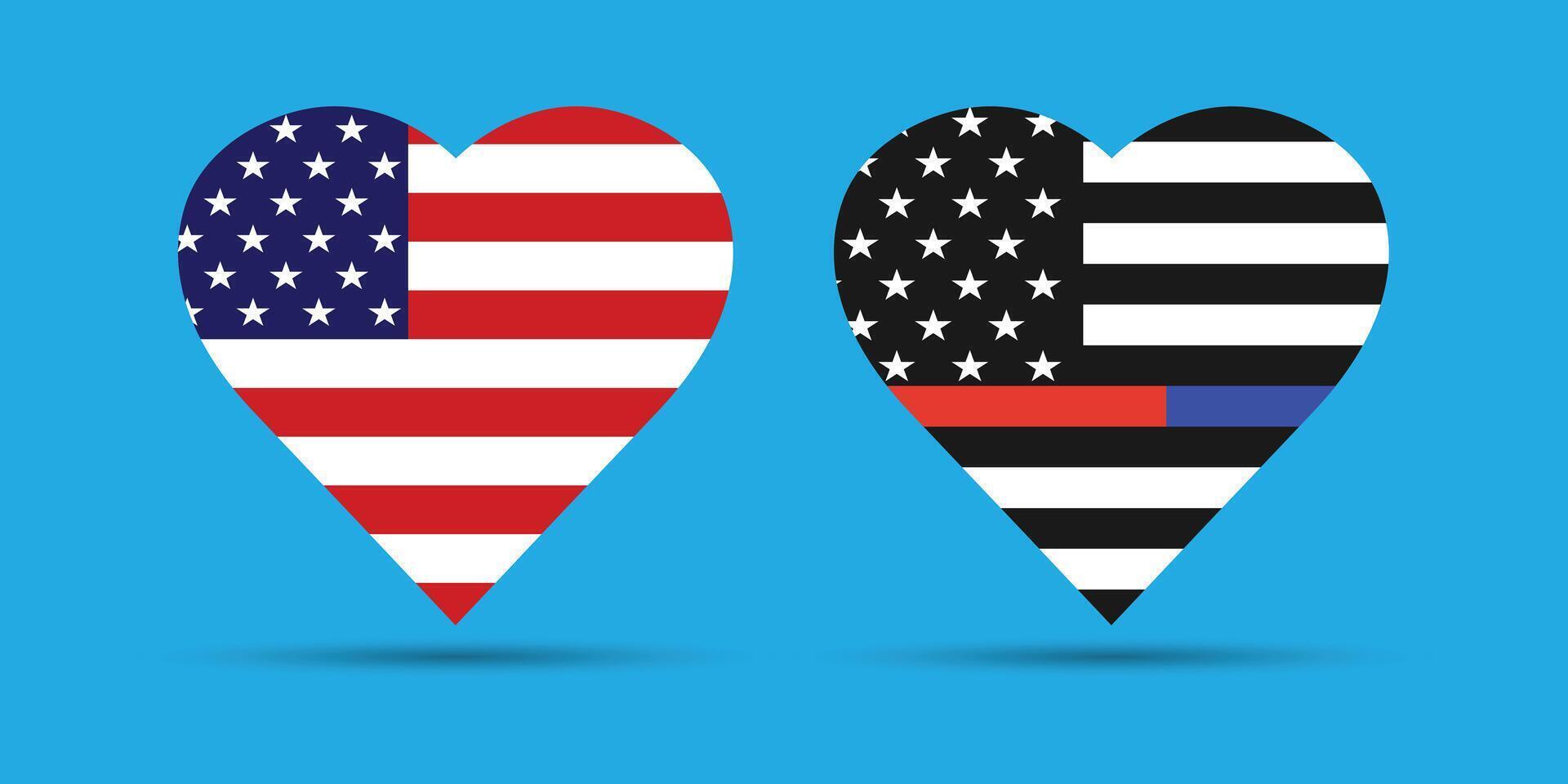 Heart Shaped American Flag Designs Showing Support for First Responders. vector