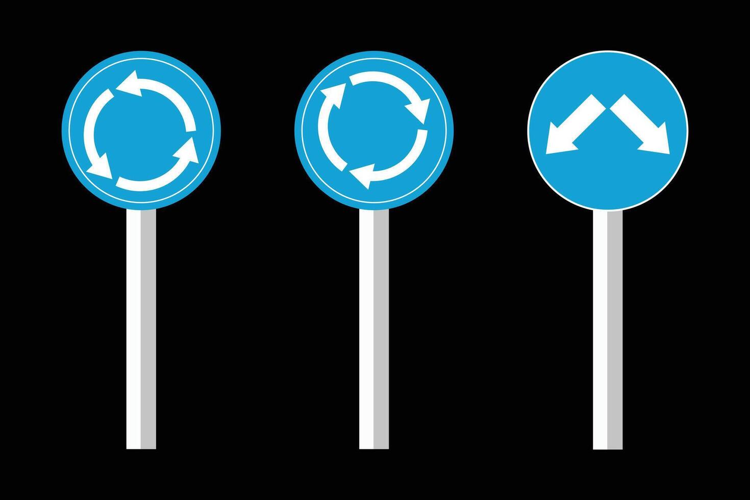 Road signs indicating roundabouts and one-way traffic. vector