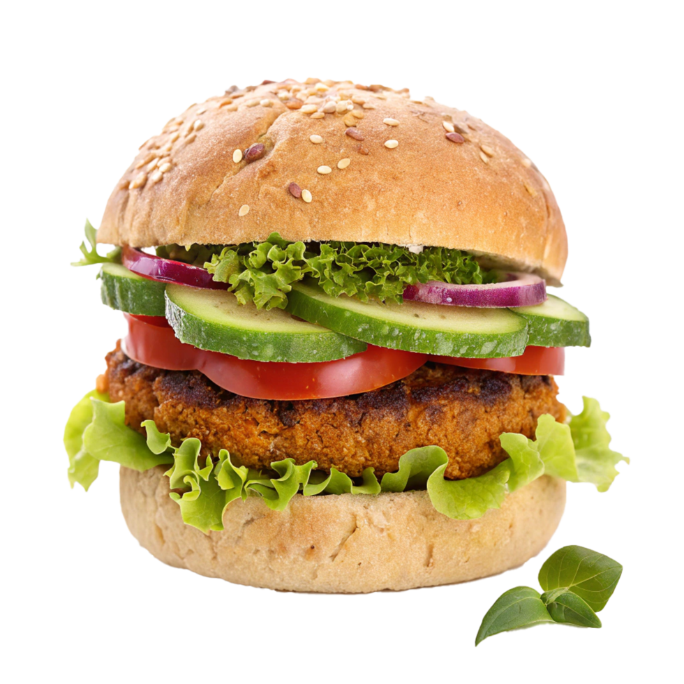 Classic Burger with chicken in a bun with sesame tomatoes, lettuce and mustard sauce. png