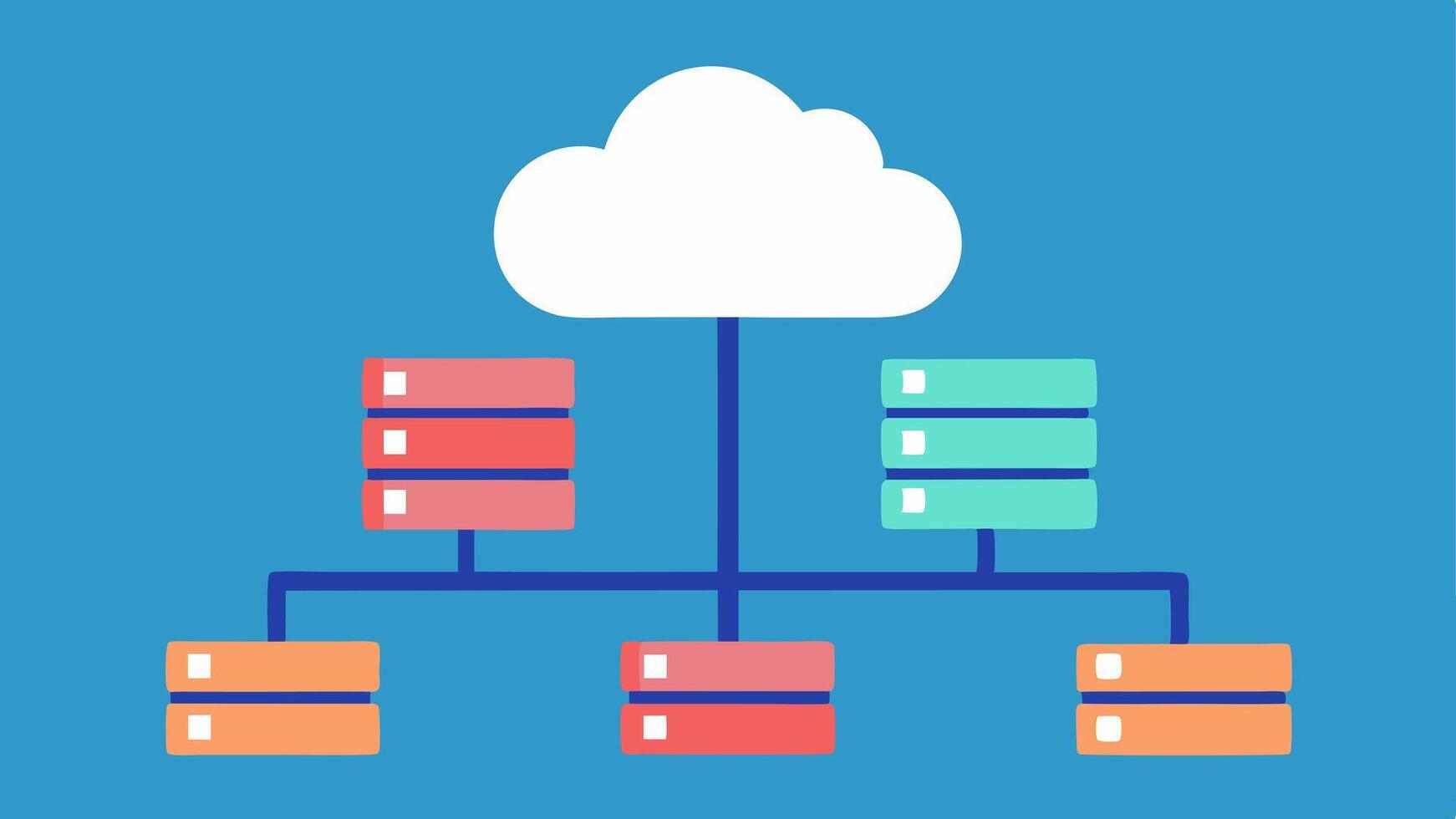 Cloud Infrastructure An illustration showing multiple server boxes stacked together connected to a large cloud icon above to depict backend storage services.. vector
