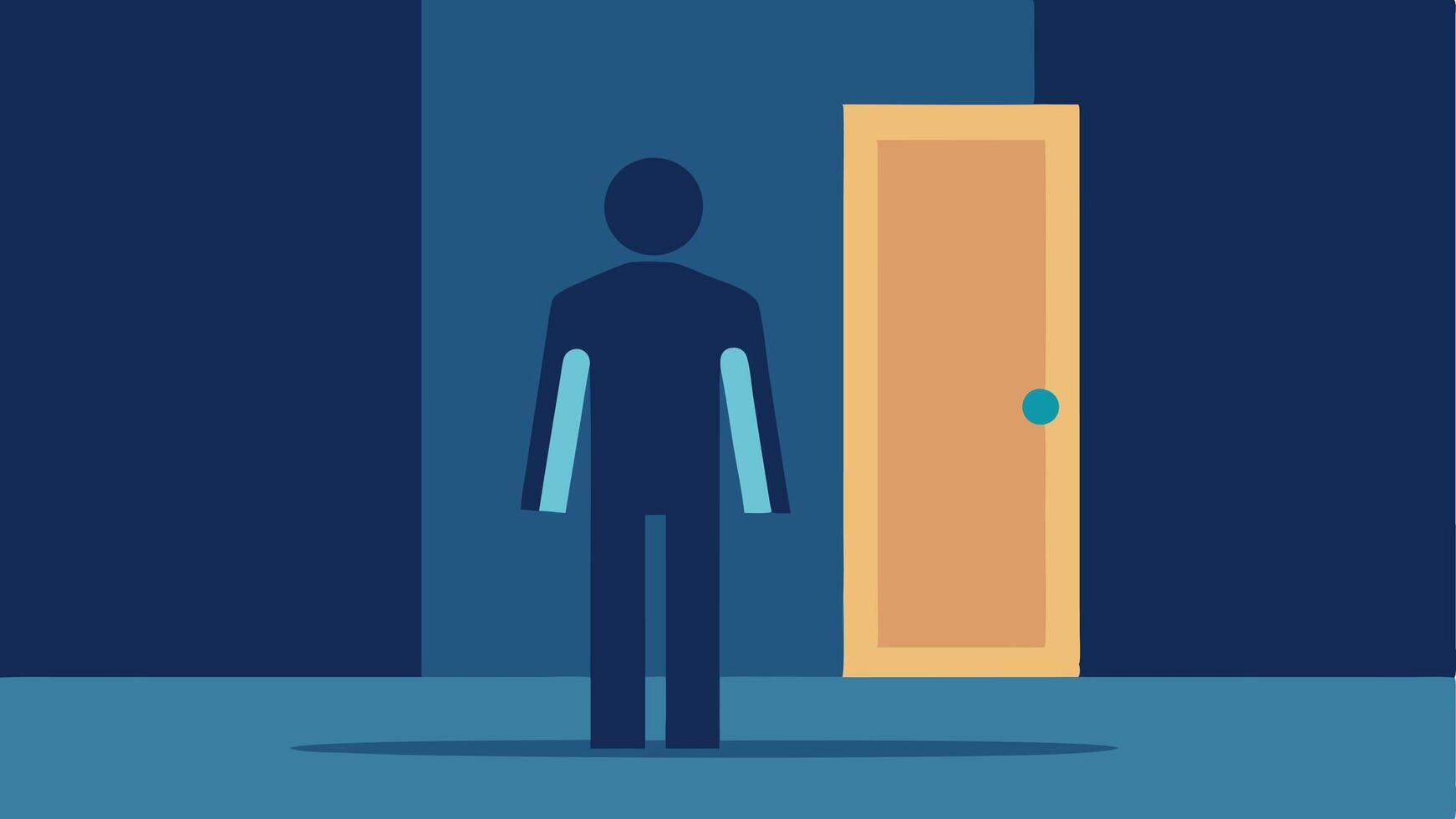 Closed Door A person standing in front of a closed door labeled Opportunities with their own hand blocking the handle representing selfimposed barriers.. vector