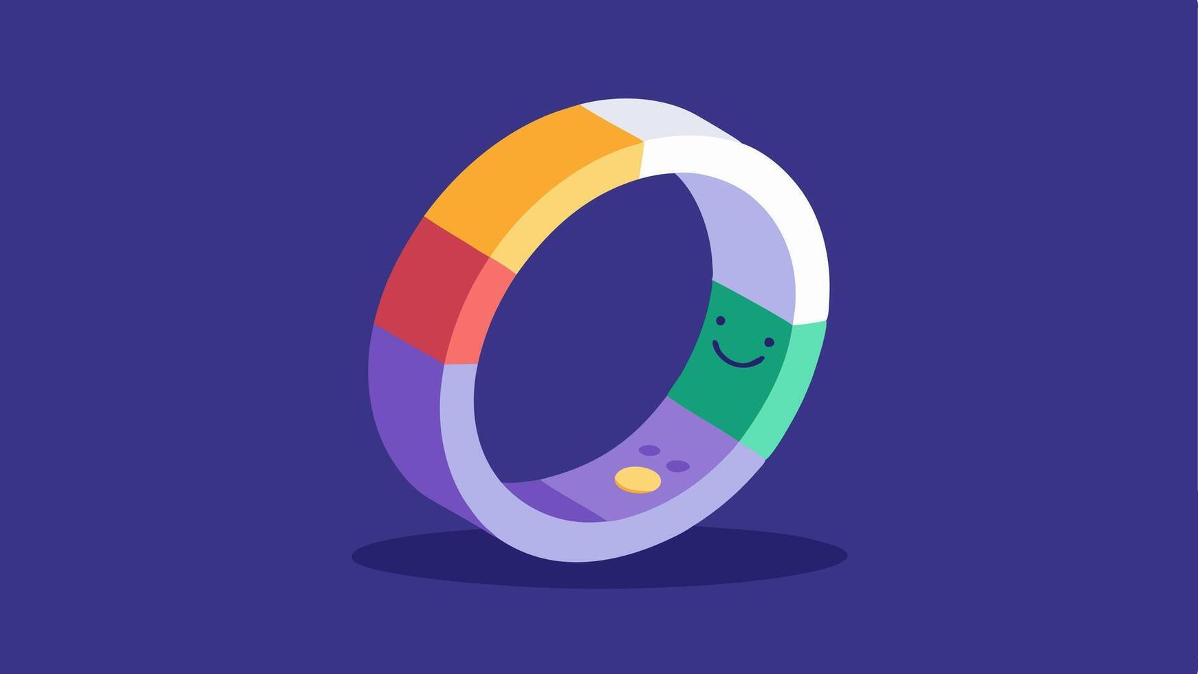 Mood and Stress Tracker Ring A stylish ring that changes colors based on stress levels with a display indicating mood analytics and a smiley or frown icon.. vector