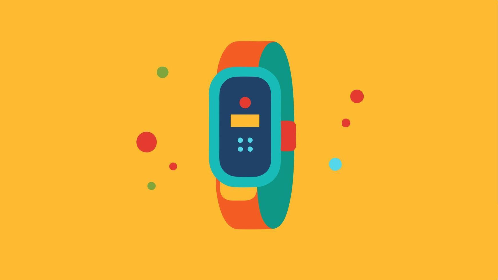 Fitness Tracker with Step Count A colorful fitness tracker worn on a wrist featuring a visible step count on the screen surrounded by stylized footprints.. vector