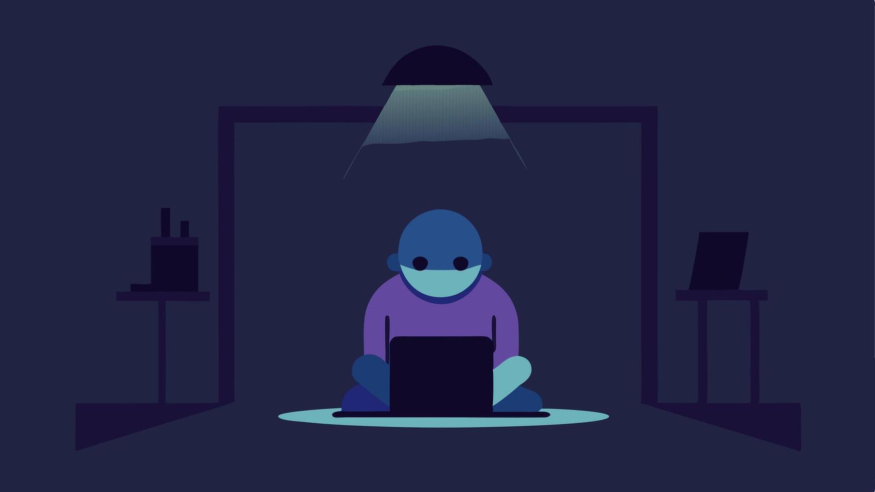 Isolation A character sitting alone in a dark room surrounded by shadows and a single light from the computer signifying social isolation due to workaholism.. vector