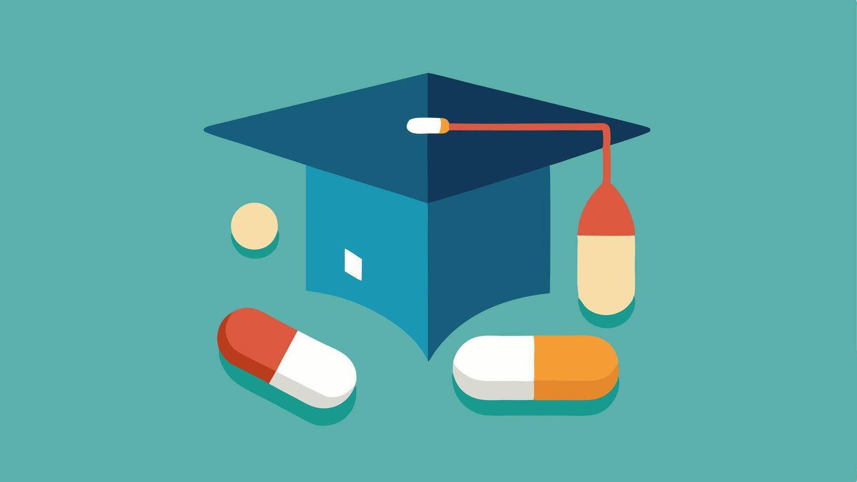 Lost Opportunities An of a graduation cap and diploma buried under prescription pills highlighting how addiction can derail education and future prospects.. vector