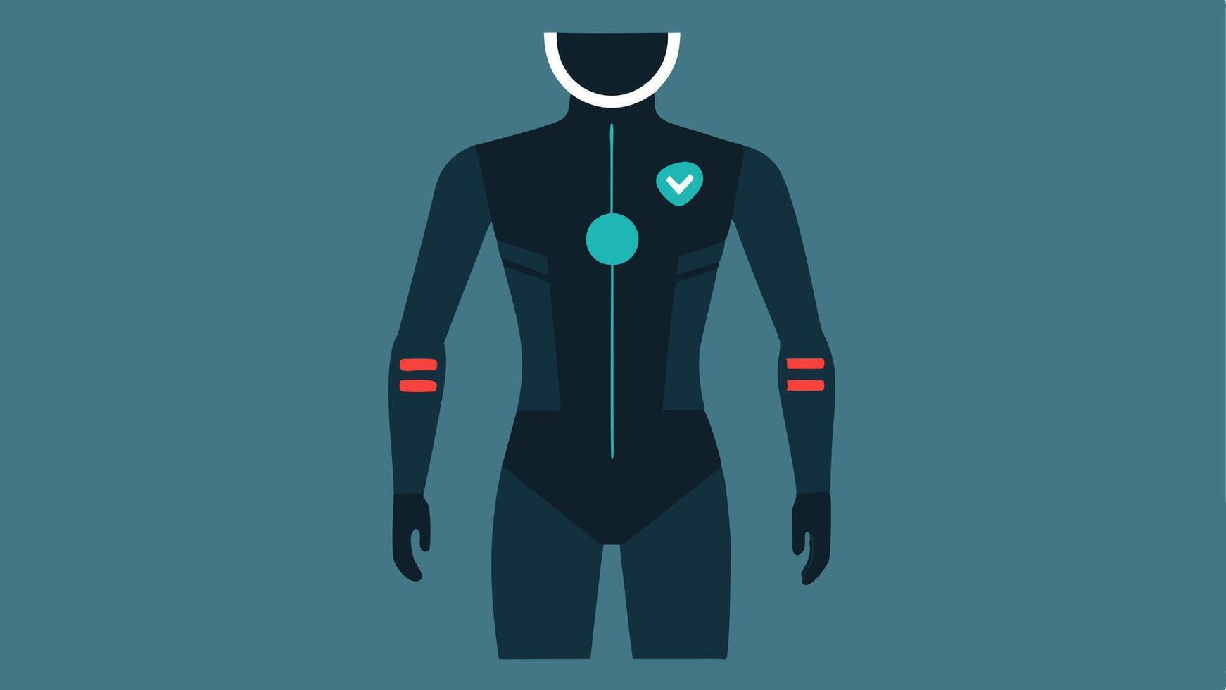 Fitness Tracker Suit A formfitting athletic suit featuring builtin sensors displaying heart rate calories burned and hydration levels with a sleek digital interface on the sleeve.. vector