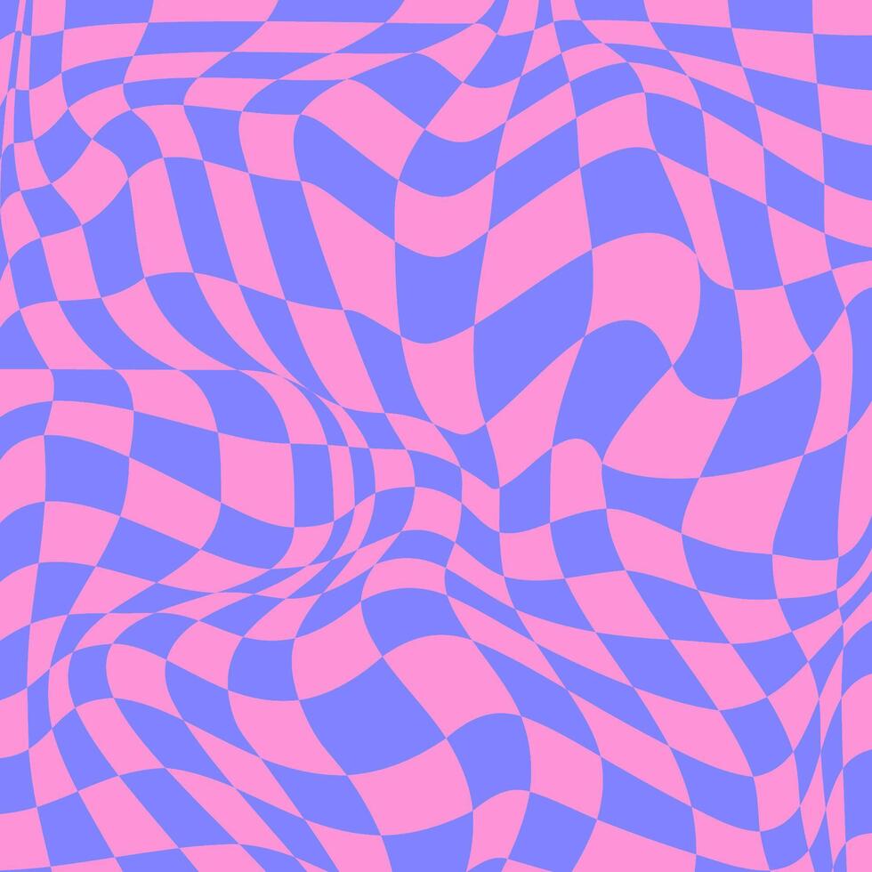 Psychedelic Checkerboard Background with Retro Colors. Trippy design with distortion grid effect. Twisted wavy and groovy geometrical chessboard. Distorted funky 70s hippie art vector