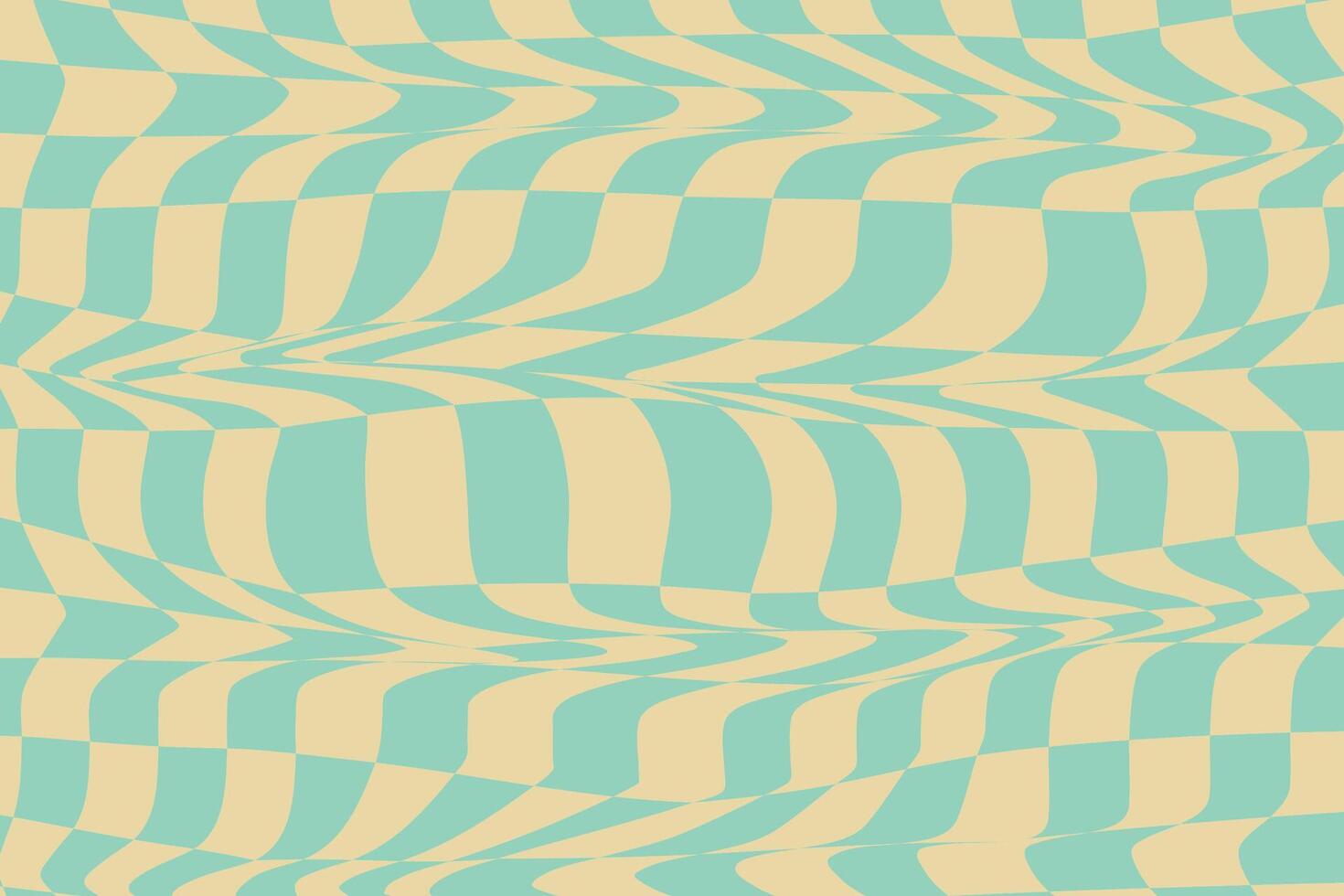 Abstract Psychedelic Checkerboard Background with Retro Colors. Trippy backdrop with distortion grid effect. Twisted wavy and groovy geometrical chessboard. Distorted funky 70s hippie art vector
