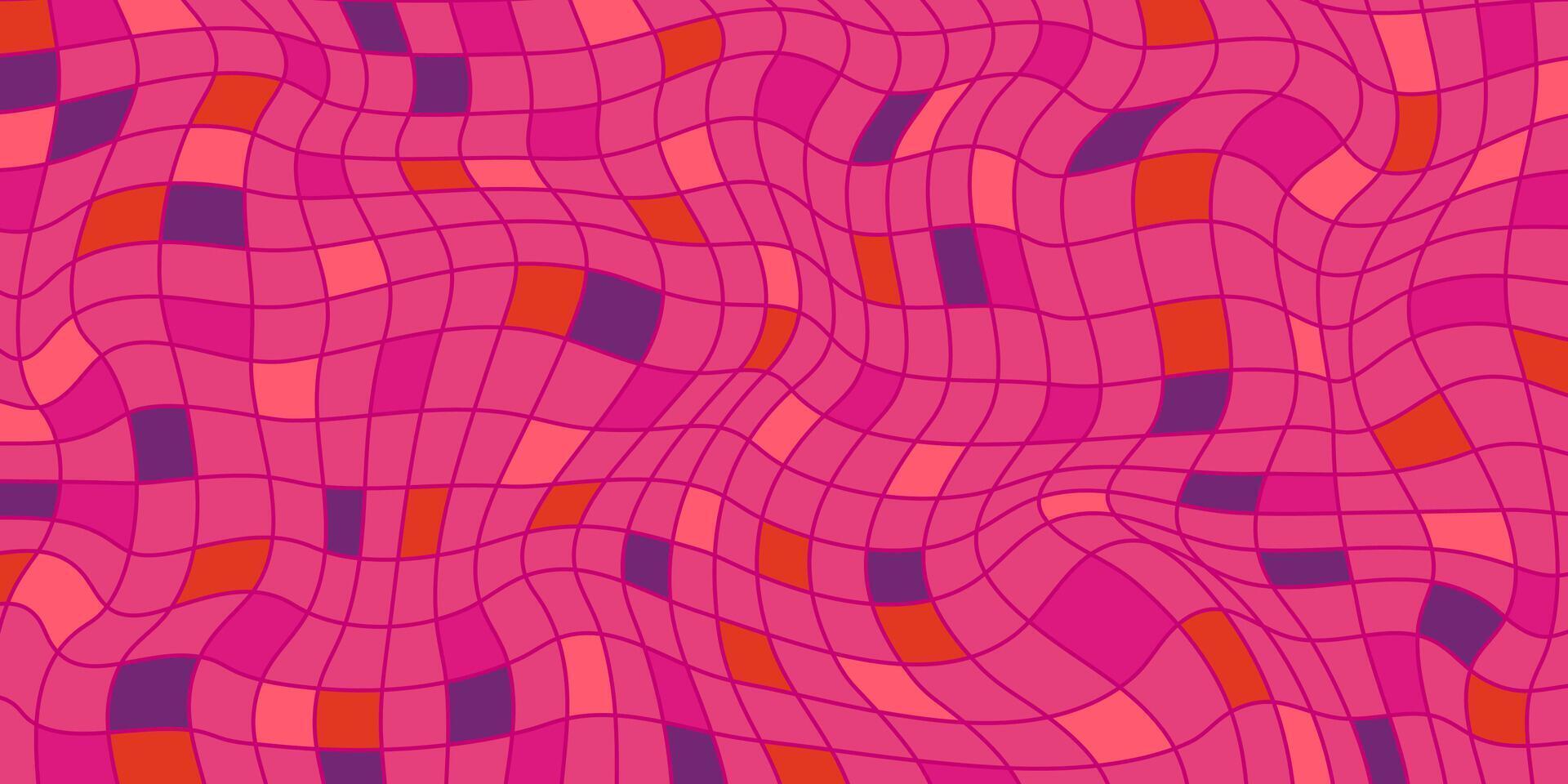Wavy Pink Checkered Pattern on Vibrant Background. Flowing retro grid with pink, orange, and purple tiles, dynamic and playful design. Perfect for retro posters, banners, web, branding vector
