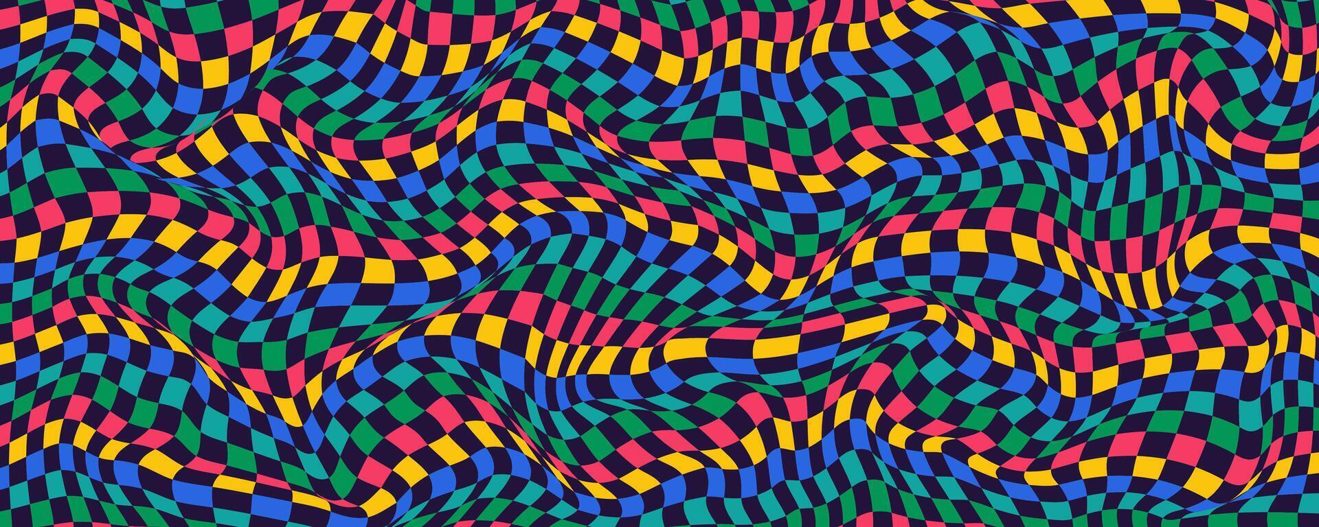Abstract Wavy Psychedelic Checkerboard Background with Retro Colors. Trippy design with distortion grid effect. Twisted wavy and groovy geometrical chessboard. Distorted funky 70s hippie art vector