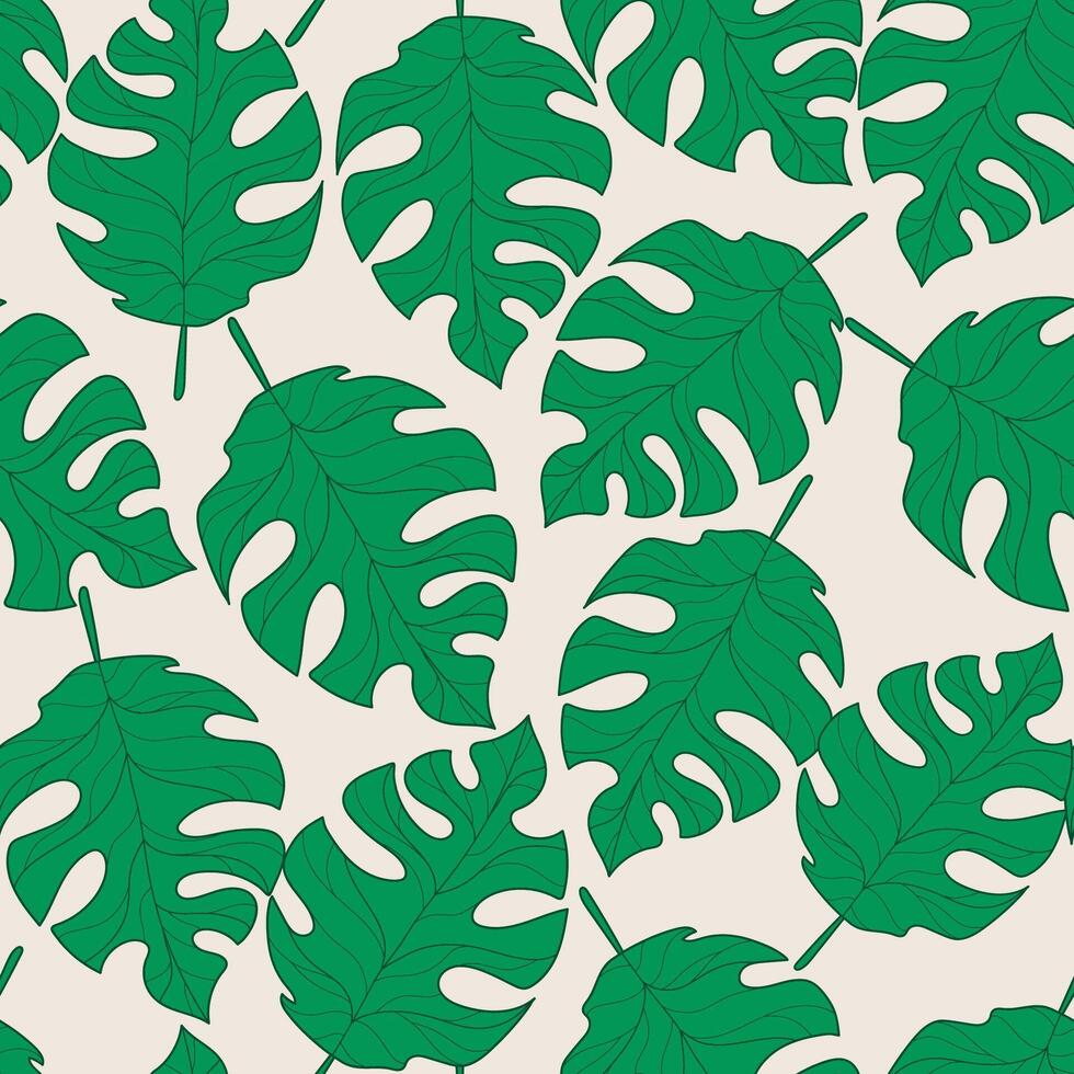 Leaf Seamless Pattern with Tropical Green Leaves on Beige Background. Playful and vibrant leafy background with tropical foliage, bold shapes, and playful colors. Ideal for print, fashion, cards vector