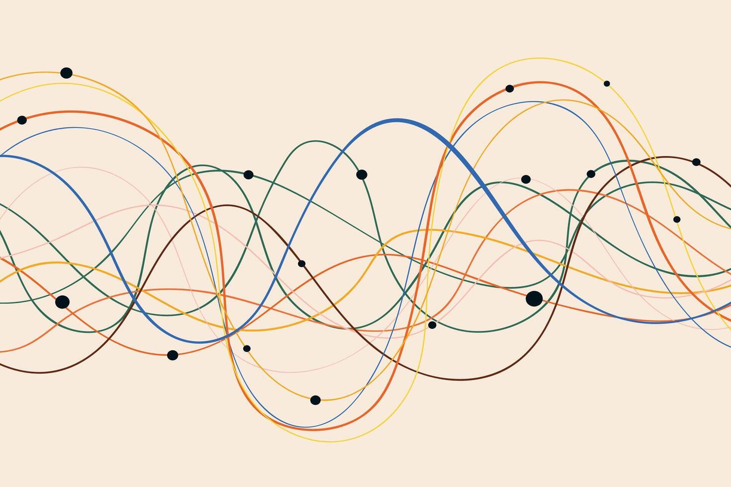 Colorful Wave Line Pattern with Black Dots on Beige Background. Dynamic playful overlapping lines with rhythmic flow. Perfect for music posters, branding, and web vector
