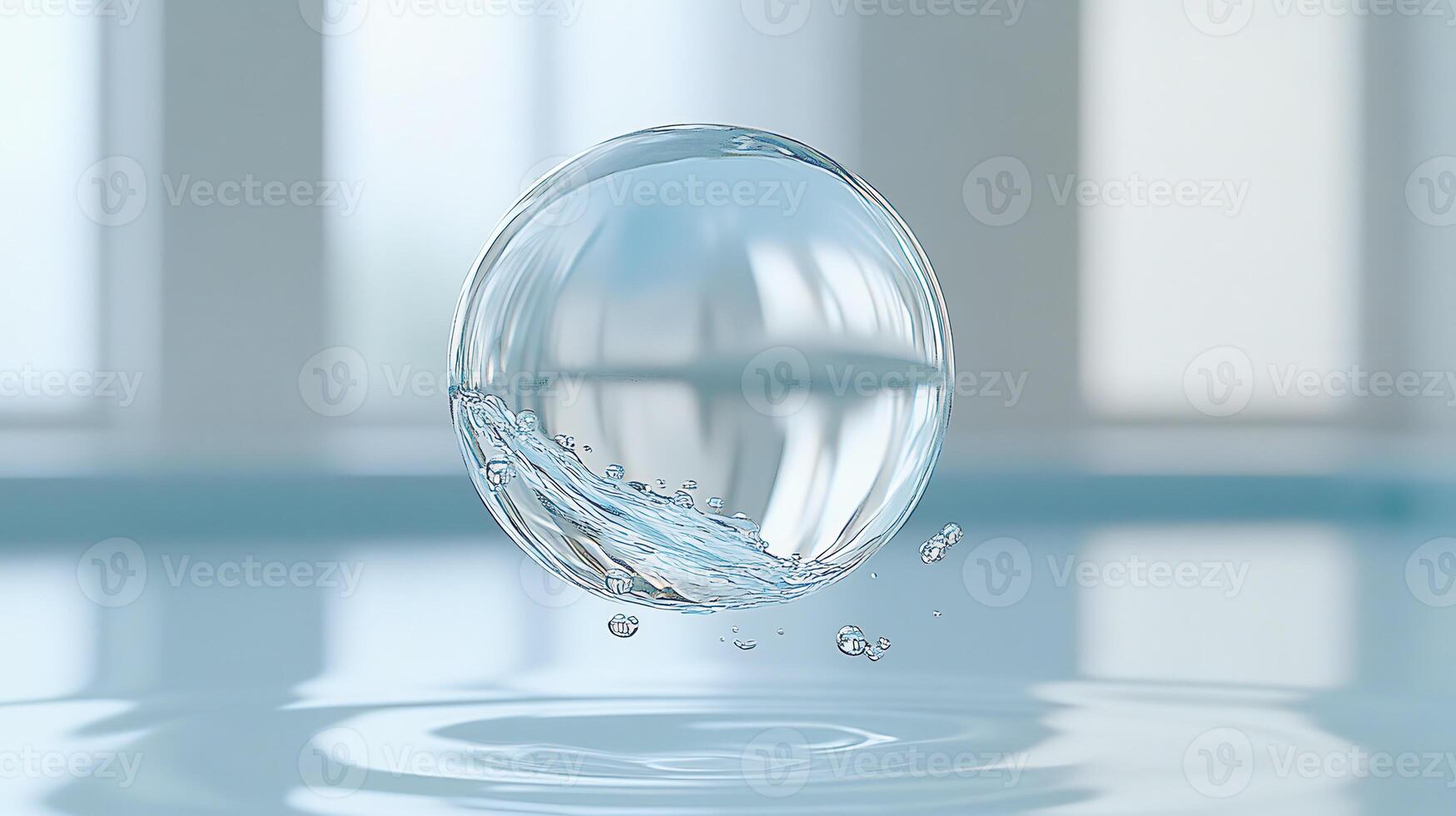 clear water bubble floats gracefully above tranquil surface, reflecting light and creating serene atmosphere. gentle ripples around it enhance peaceful scene photo
