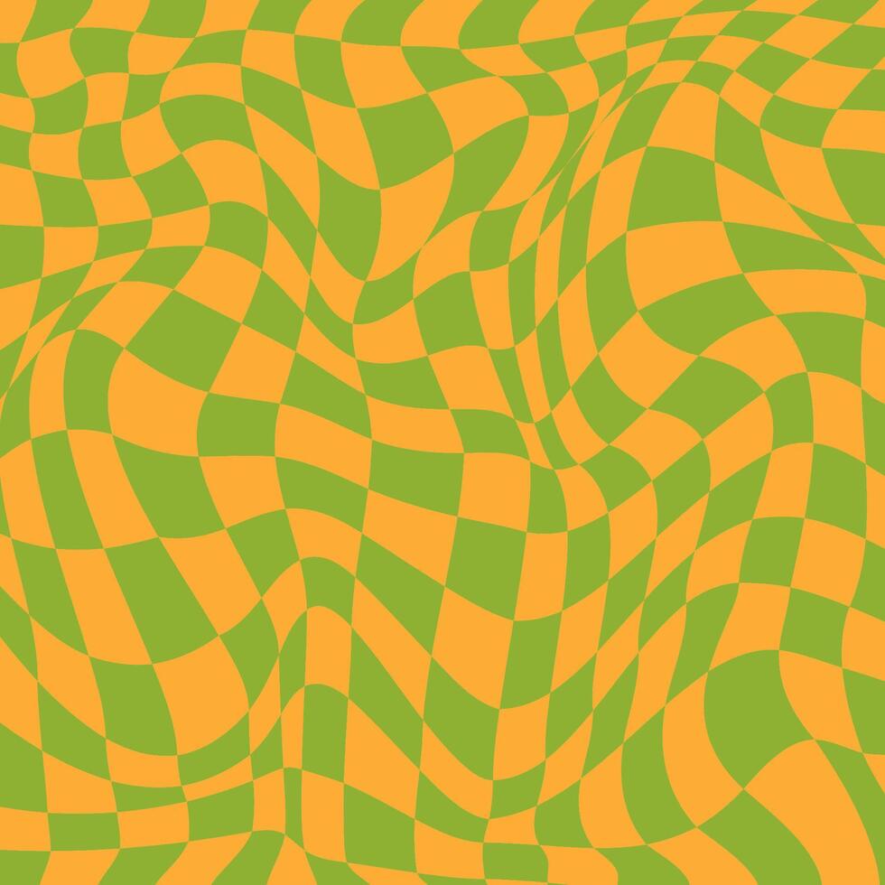 Trippy Psychedelic Checkerboard Background with Retro Colors. Abstract design with distortion grid effect. Twisted wavy and groovy geometrical chessboard. Distorted funky 70s hippie art vector