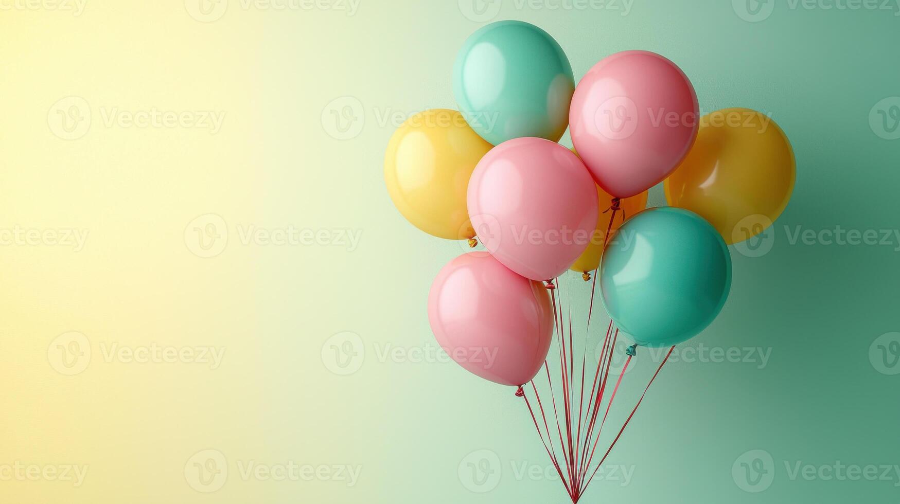 Colorful balloons in pastel shades of pink, yellow, and turquoise float against soft gradient background, creating cheerful and festive atmosphere perfect for celebrations photo