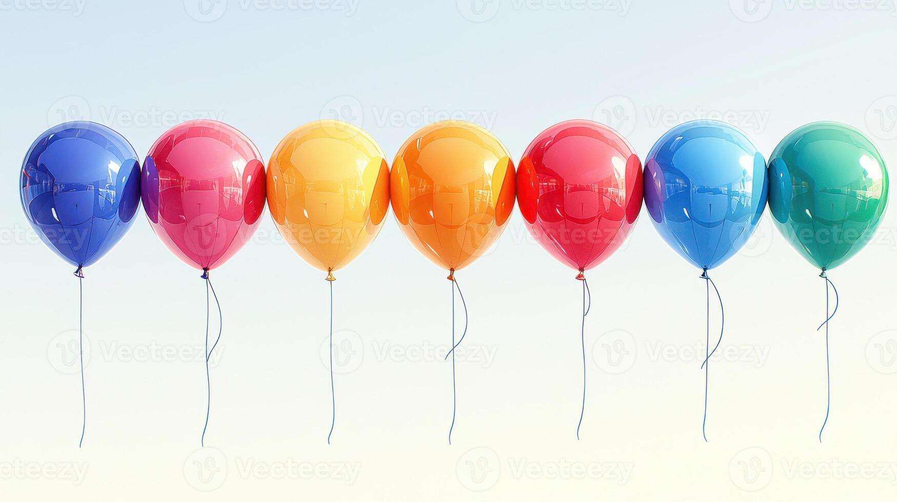Colorful balloons in row against clear sky create festive and cheerful atmosphere, perfect for celebrations and parties. Their vibrant hues add joy and excitement to any occasion photo