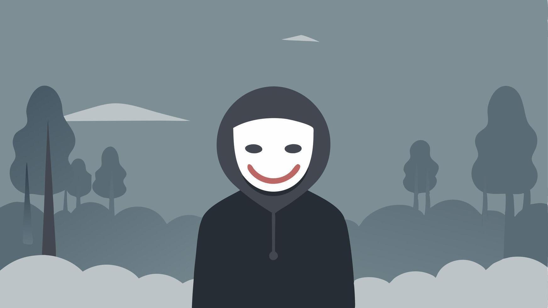 Barrier of Fake Smiles A figure wearing a mask with a forced smile surrounded by a foggy background signifying the contrast between inner turmoil and outward appearance.. vector