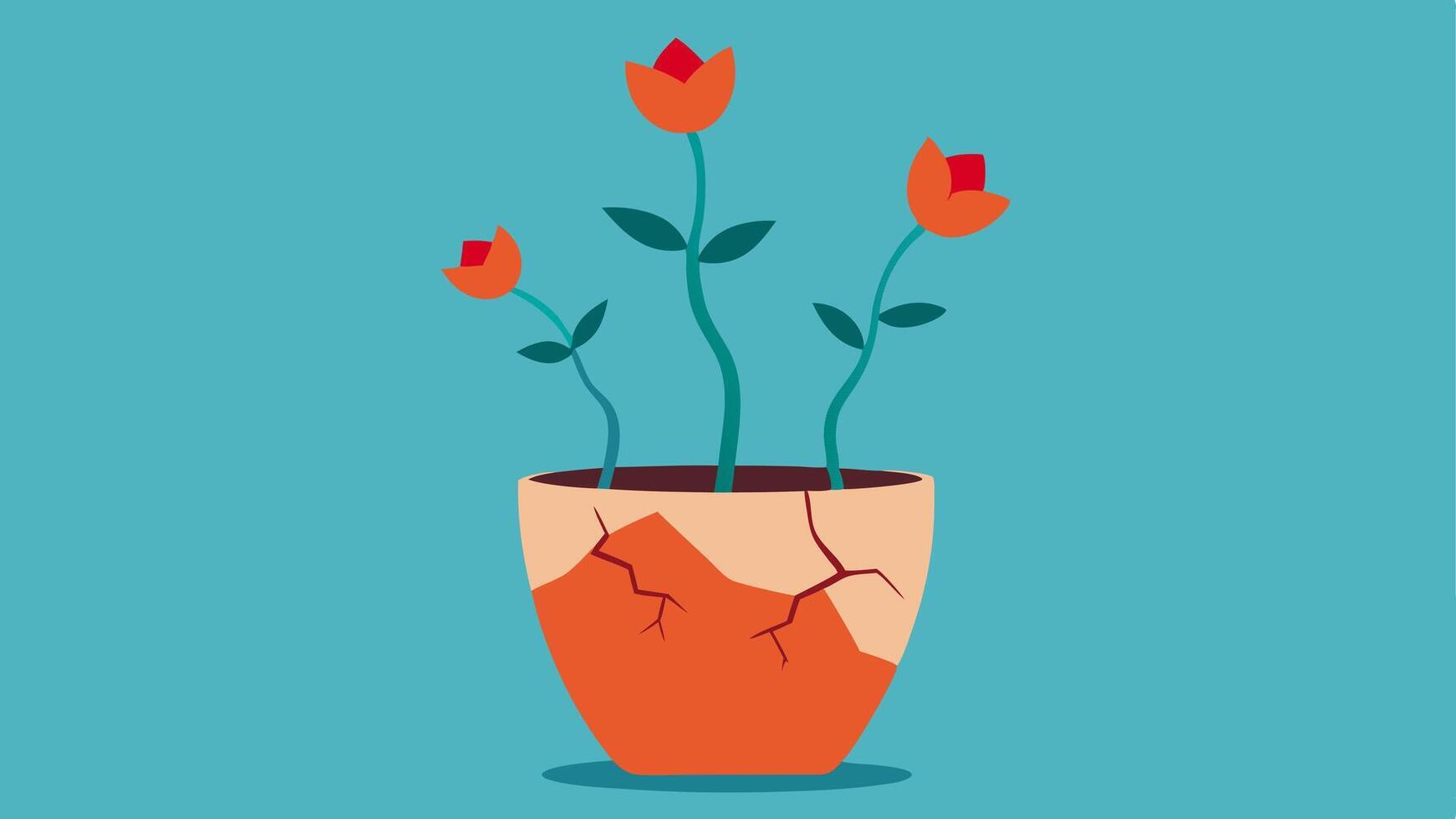 Broken Pot with Blossoms A cracked pot with blooming flowers growing out of it illustrating that beauty can emerge from brokenness and setbacks.. vector