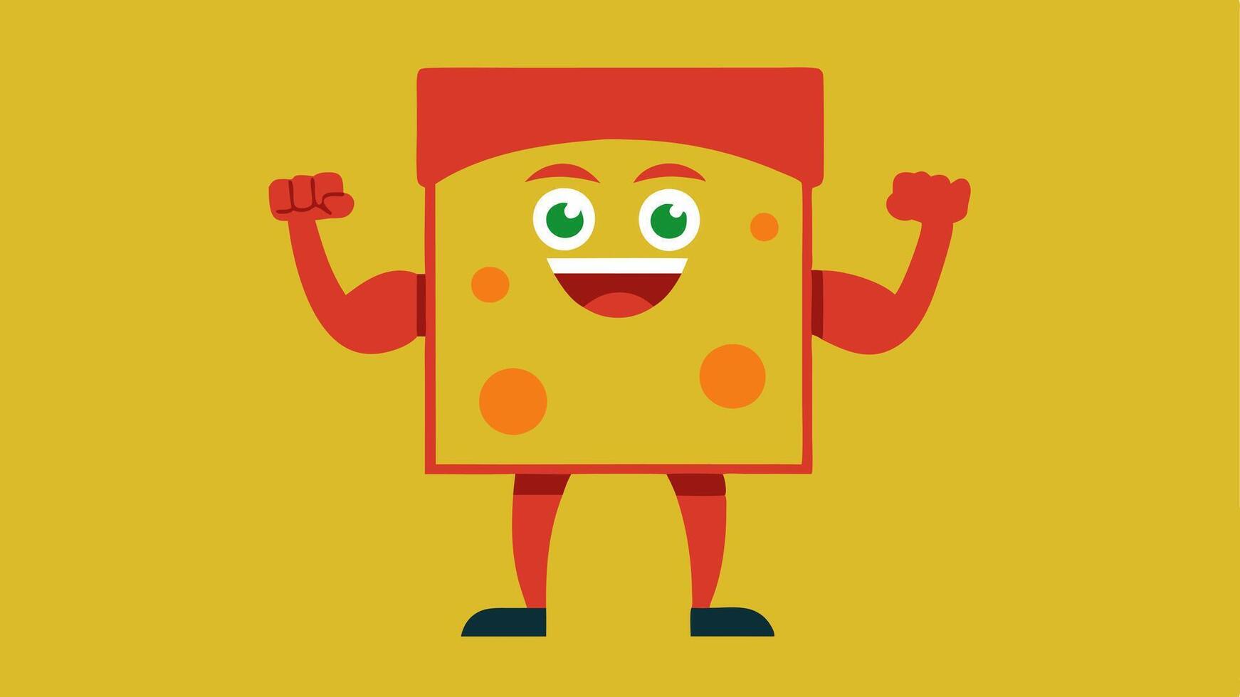 Heroic Pose In a heroic pose a pizza box is drawn with exaggerated arms flexed at its sides showcasing its pride. The box has a cartoonish expression of determination with the. vector