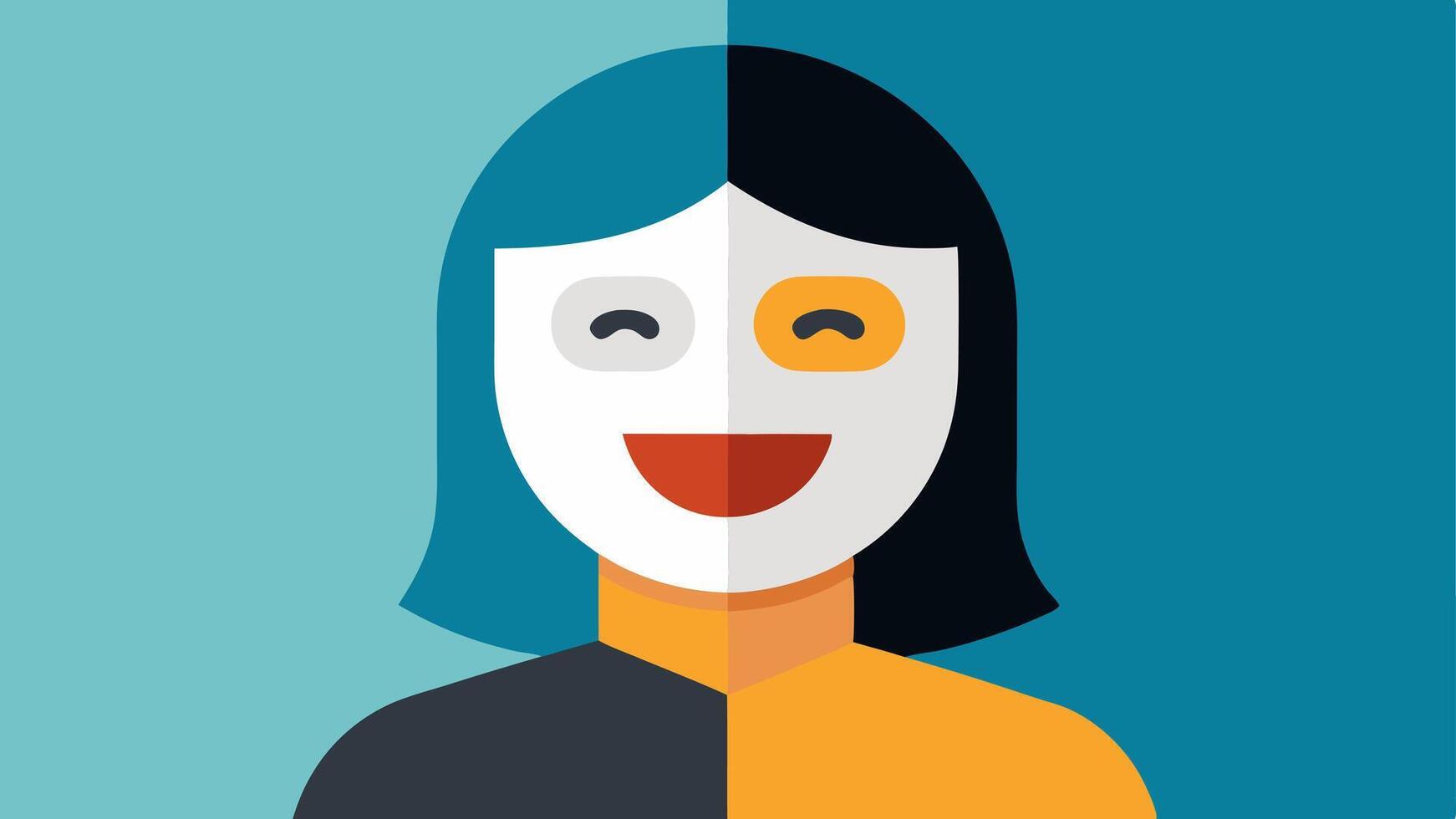 Mask of Filters A person wearing a mask that s filters smiling and looking perfect while behind the mask their actual self appears tired and worn symbolizing the pressure. vector