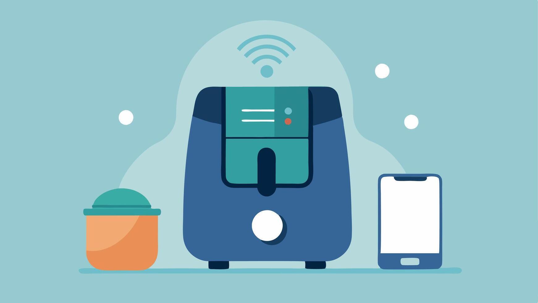 Automated Fryer A digital air fryer with a touch interface and preset cooking options showing connectivity with a smartphone for recipe suggestions.. vector