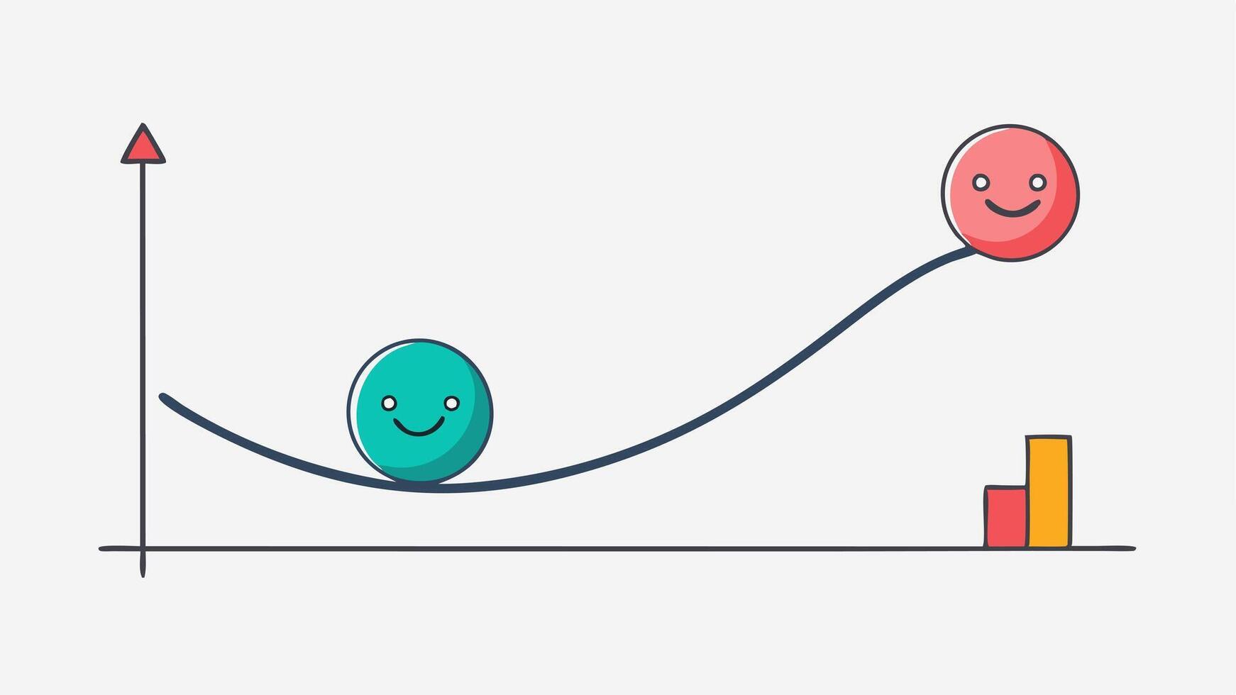 Bouncing Ball A ball is depicted bouncing up and down on a graph line that represents happiness levels. The top peak represents a good event and the lower dip represents a bad. vector