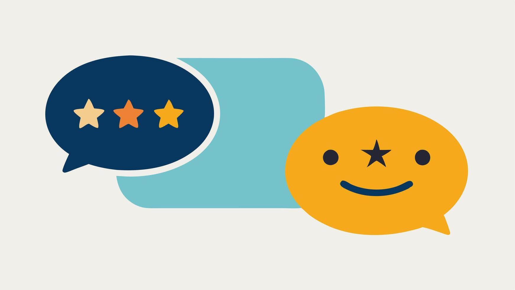 Two Faces of Res An of two speech bubbles one with a fivestar rating and the other with a onestar rating. The fivestar bubble has a smiling face and the onestar. vector