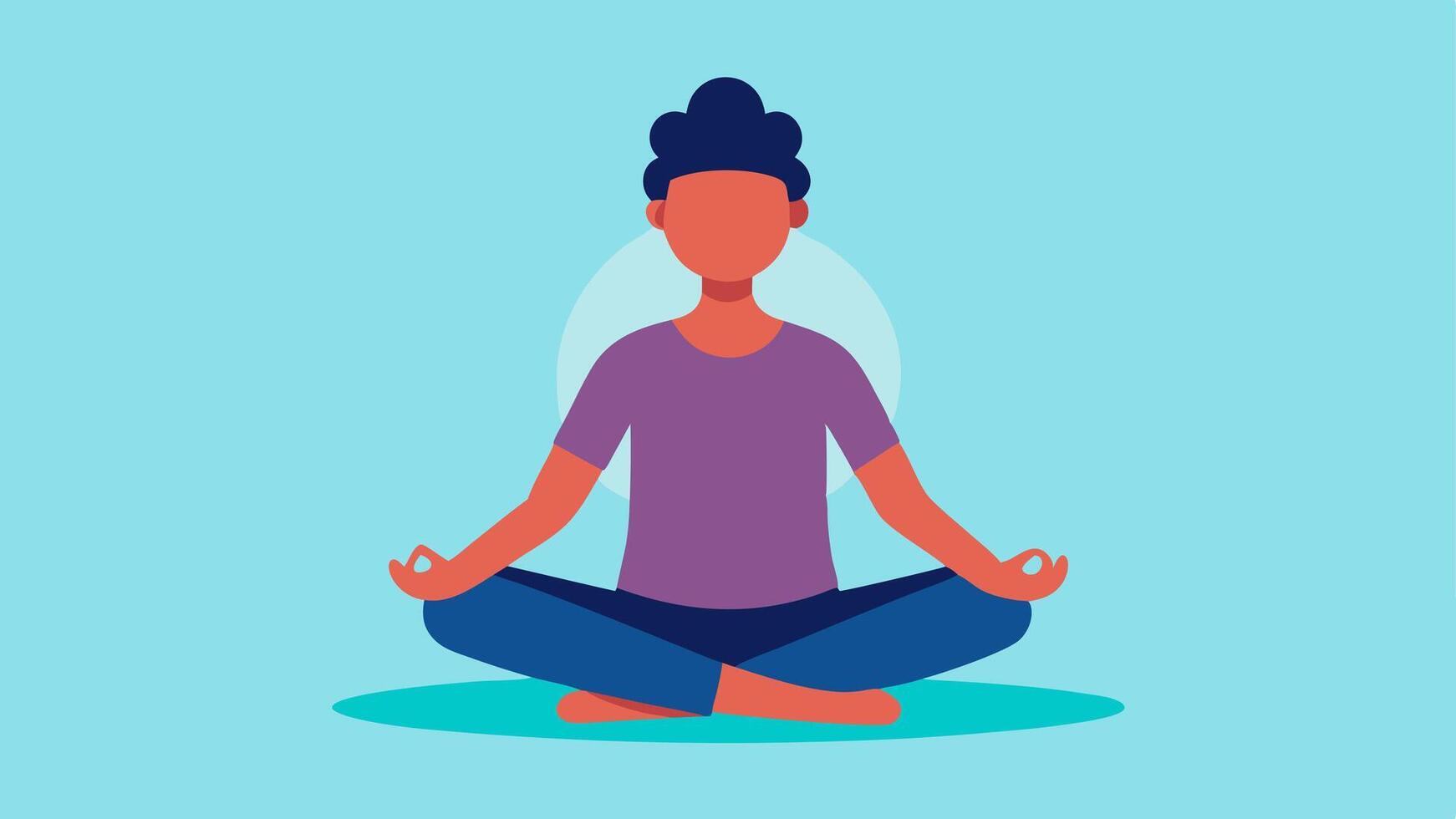 Deep Breathing Exercise An individual sitting crosslegged eyes closed with one hand on their chest and another on their abdomen practicing deep breathing in a calming environment.. vector