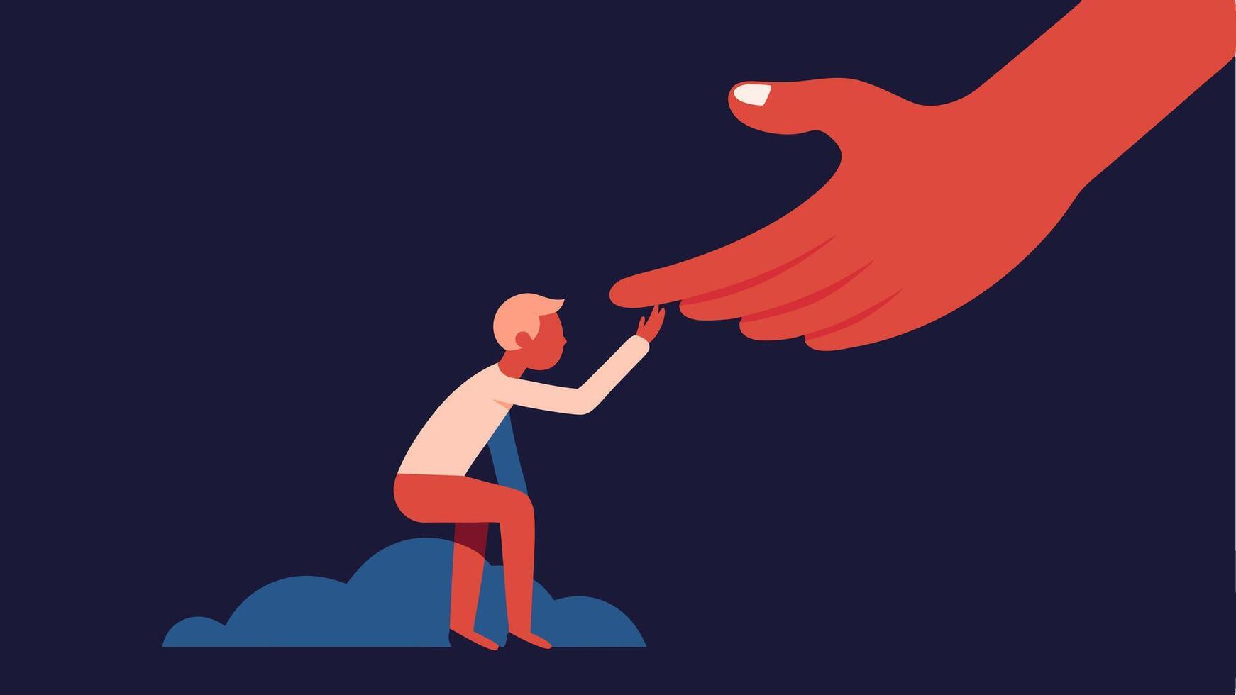 Compassionate Voice A large warm hand reaching down to gently pull up a small figure sitting in darkness representing how kindness and compassion can lift someone out of their. vector