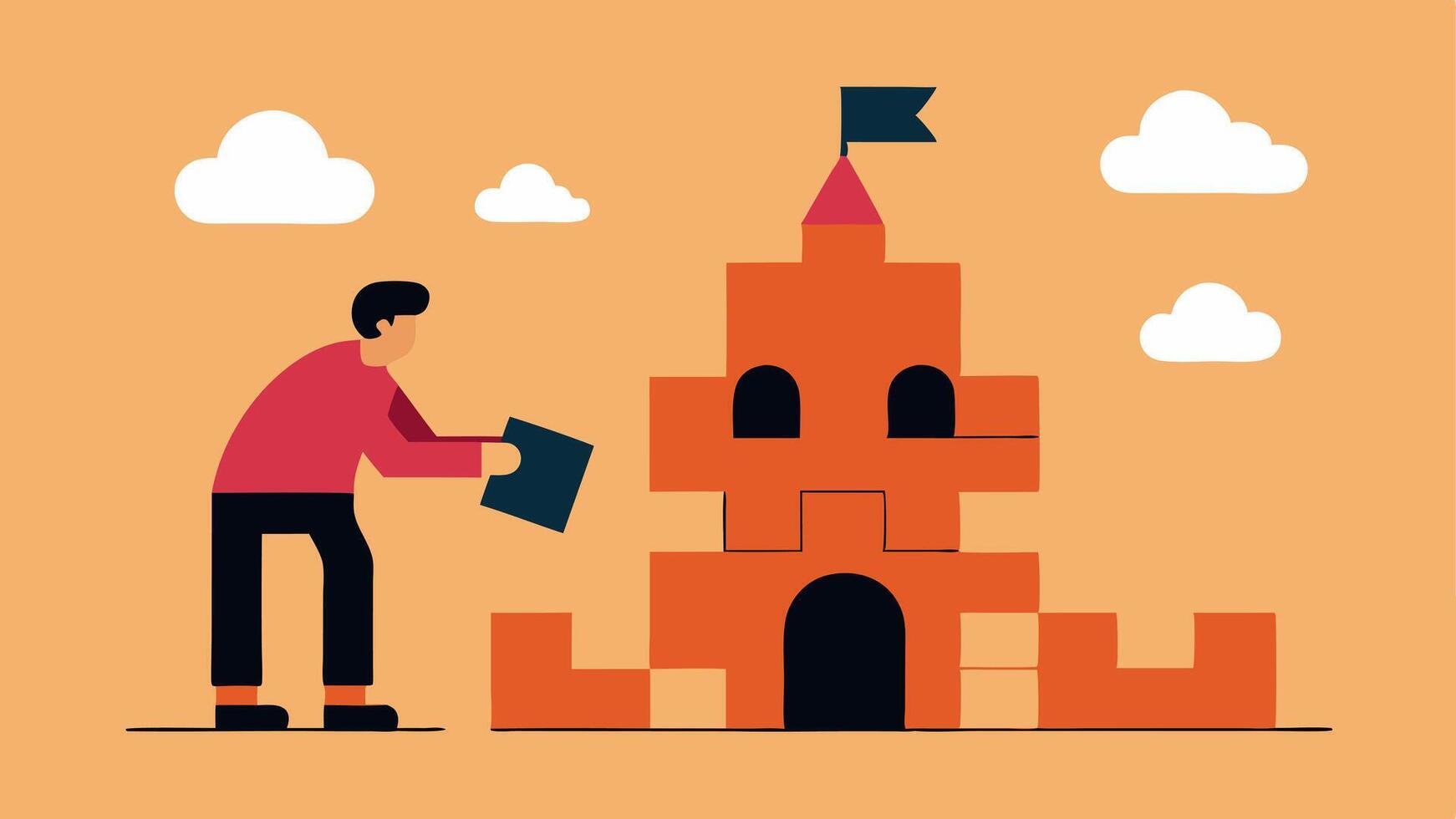 Castle of SelfWorth An illustration of a person constructing a strong castle labeled SelfWorth using bricks of selfcompassion gratitude and personal strengths while dismantling a. vector