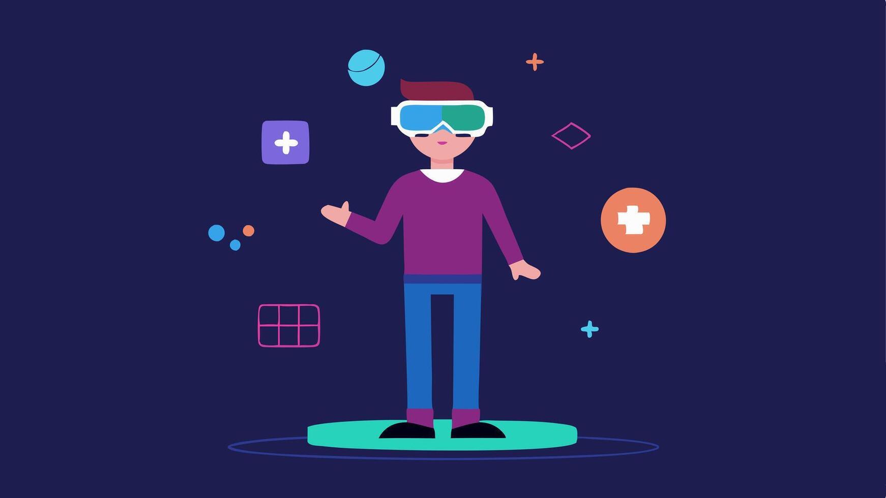 Gaming Mode A user in a casual stance wearing smart glasses with holographic game elements like characters and scores appearing around them in a playful manner.. vector