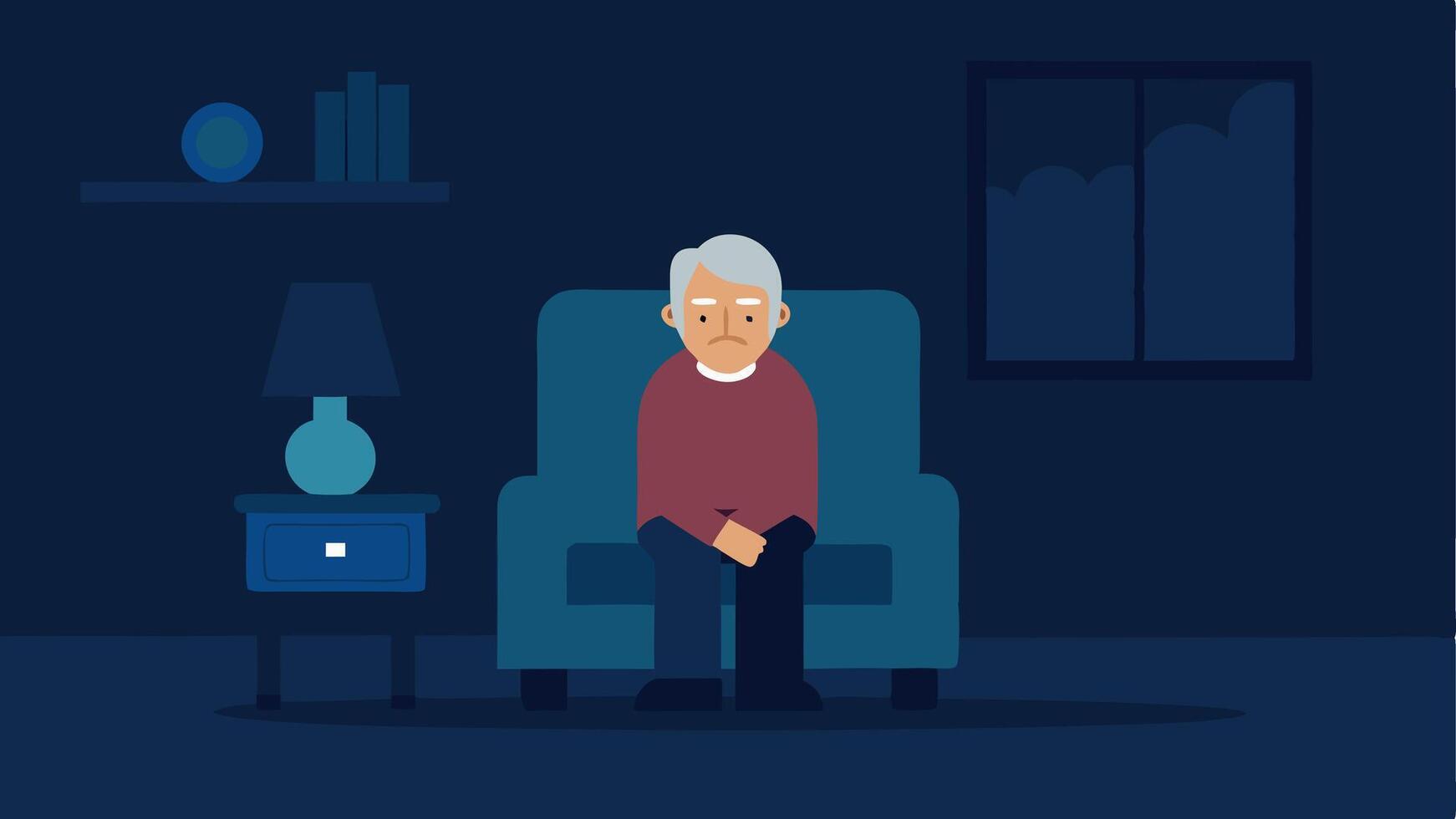 Lonely Elderly Individual An of an elderly person sitting alone in a chair with a sad expression indicating feelings of loneliness and isolation. Background elements. vector