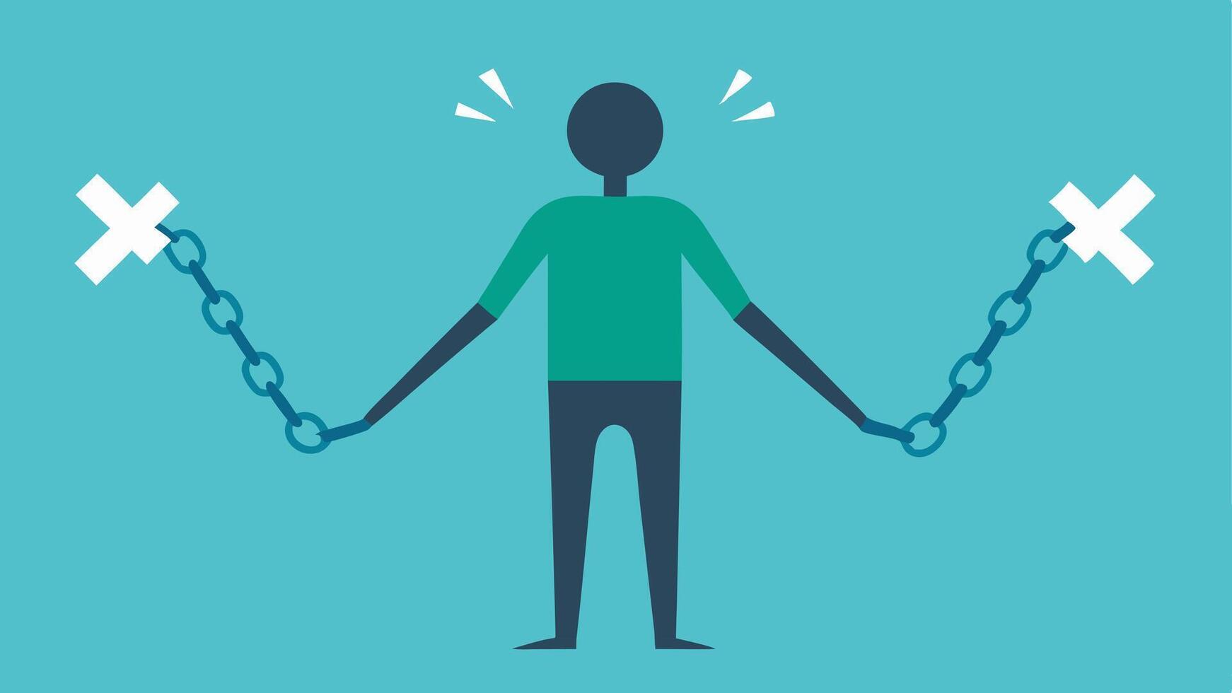 Breaking the Chains An individual stands confidently using a pair of broken chains as a symbol of liberation. Their posture is strong and they are smiling signifying freedom from. vector